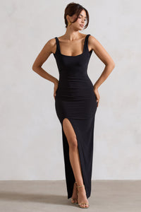 Kate | Black Square Neck Maxi Dress with Plunge Back and Side Thigh Split - Club L London - AUS