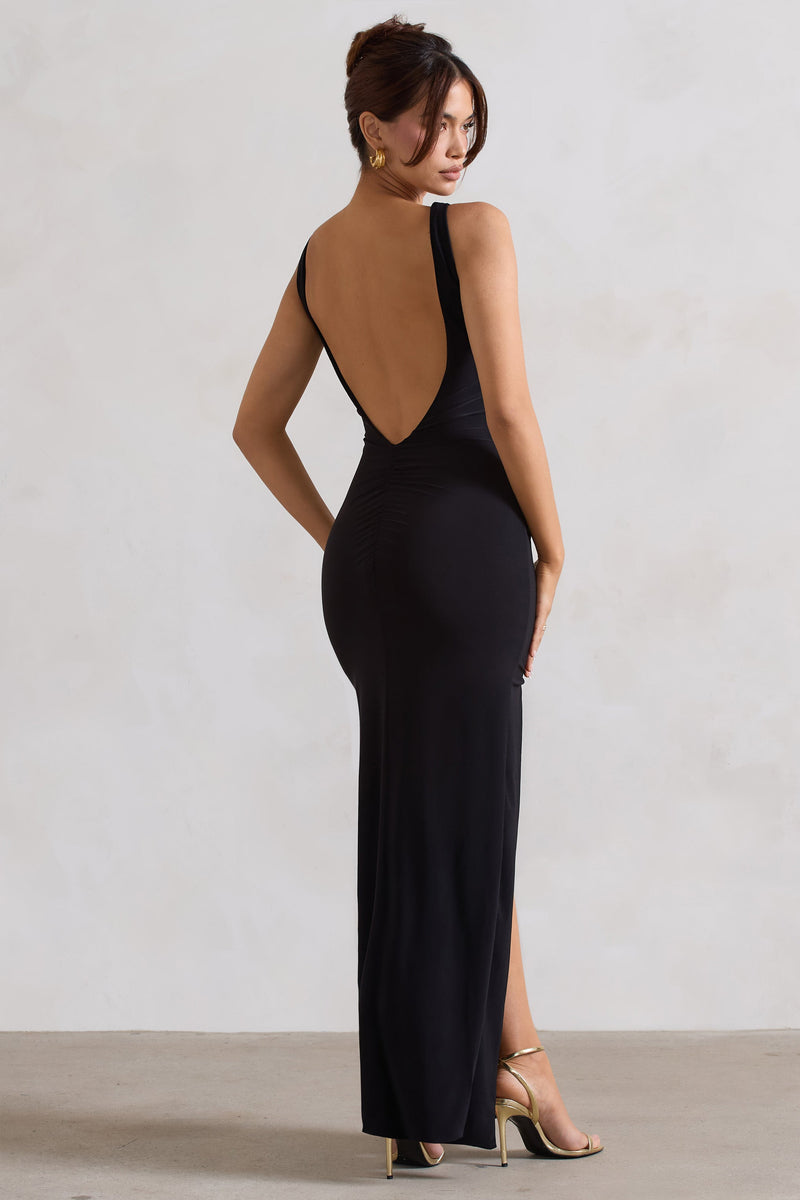 Kate | Black Square Neck Maxi Dress with Plunge Back and Side Thigh Split - Club L London - AUS