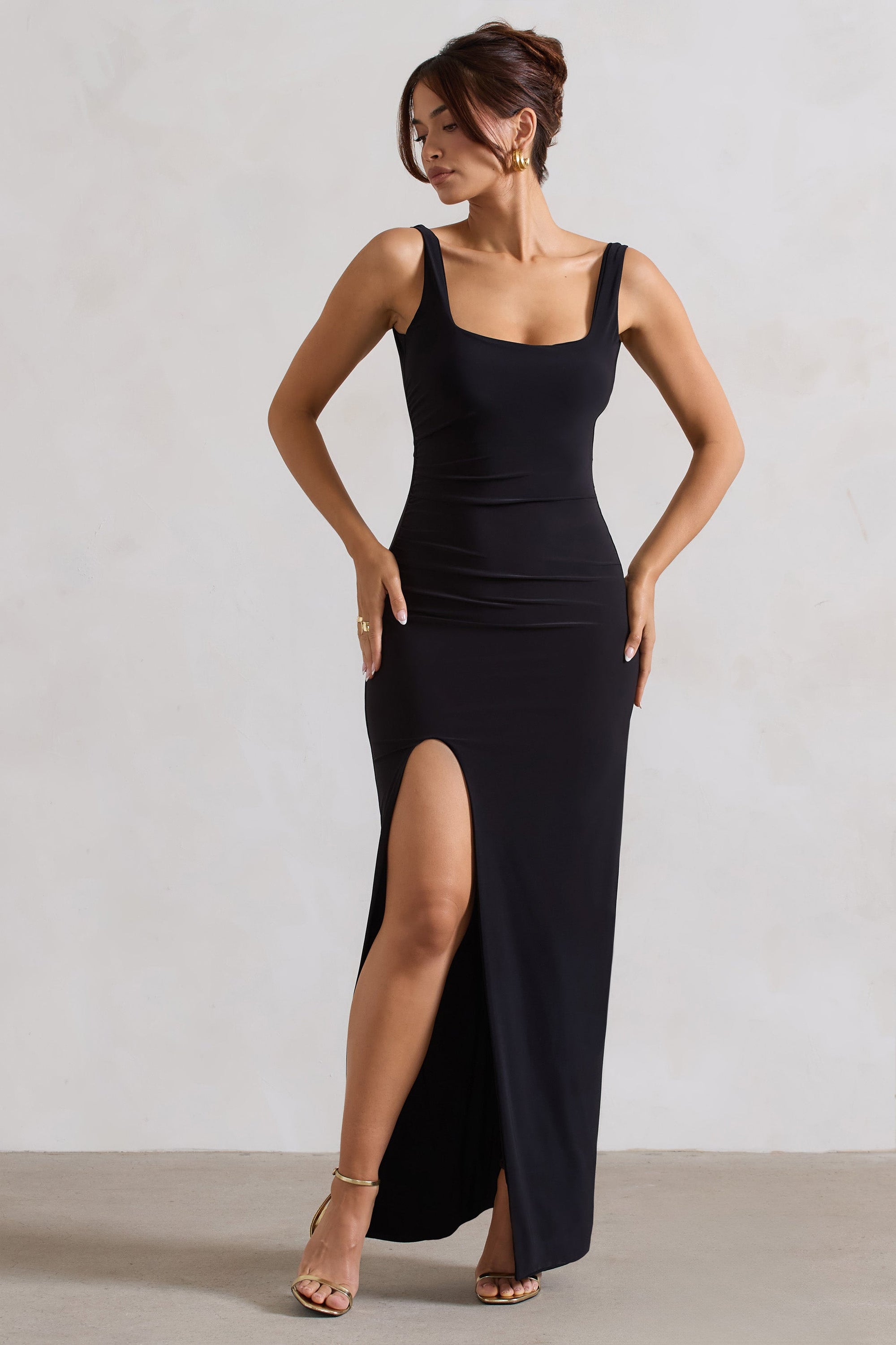 Kate | Black Square Neck Maxi Dress with Plunge Back and Side Thigh Split - Club L London - AUS