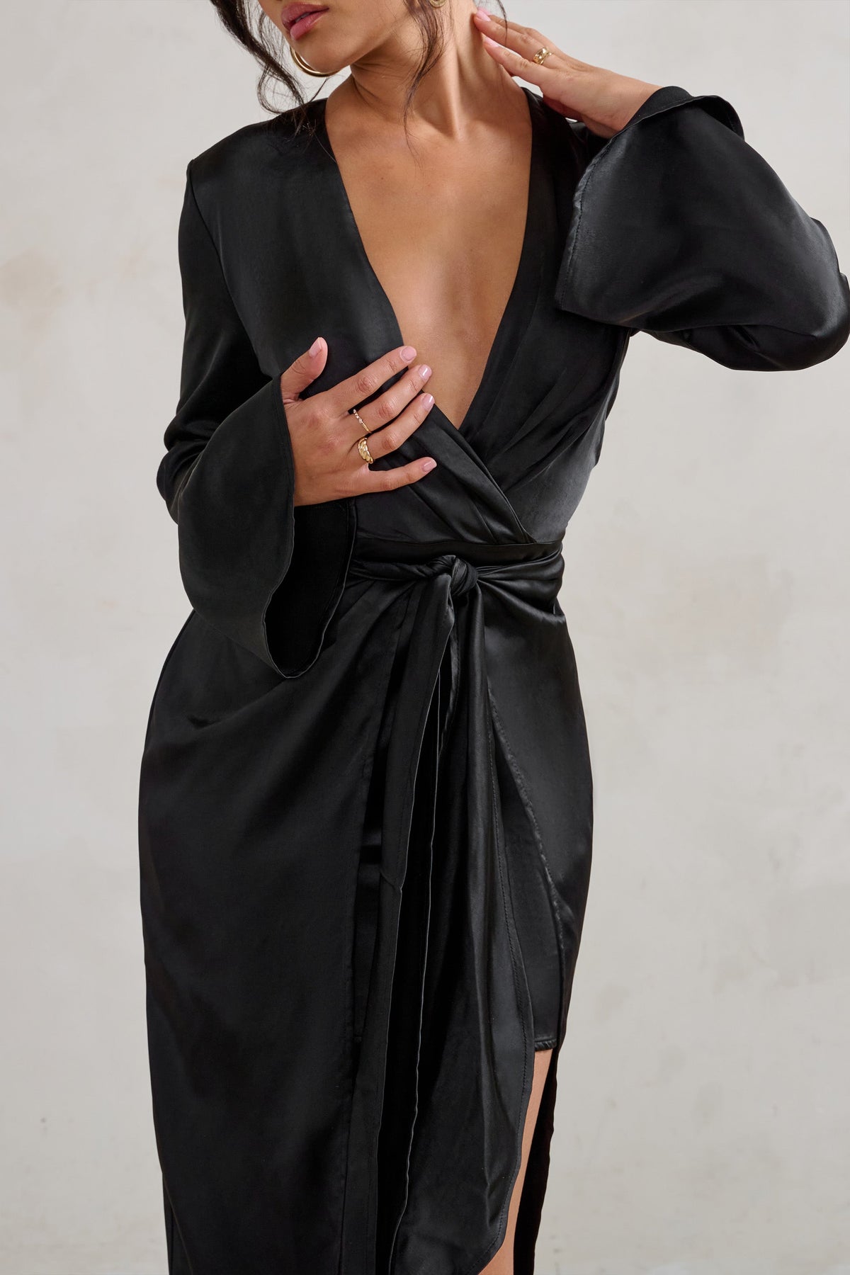 Patricia Black Extreme Plunge Long Sleeve Maxi Dress With Tie Detail Club L London - AUS Patricia Black Extreme Plunge Long Sleeve Maxi Dress With Tie Detail Club L London - AUS