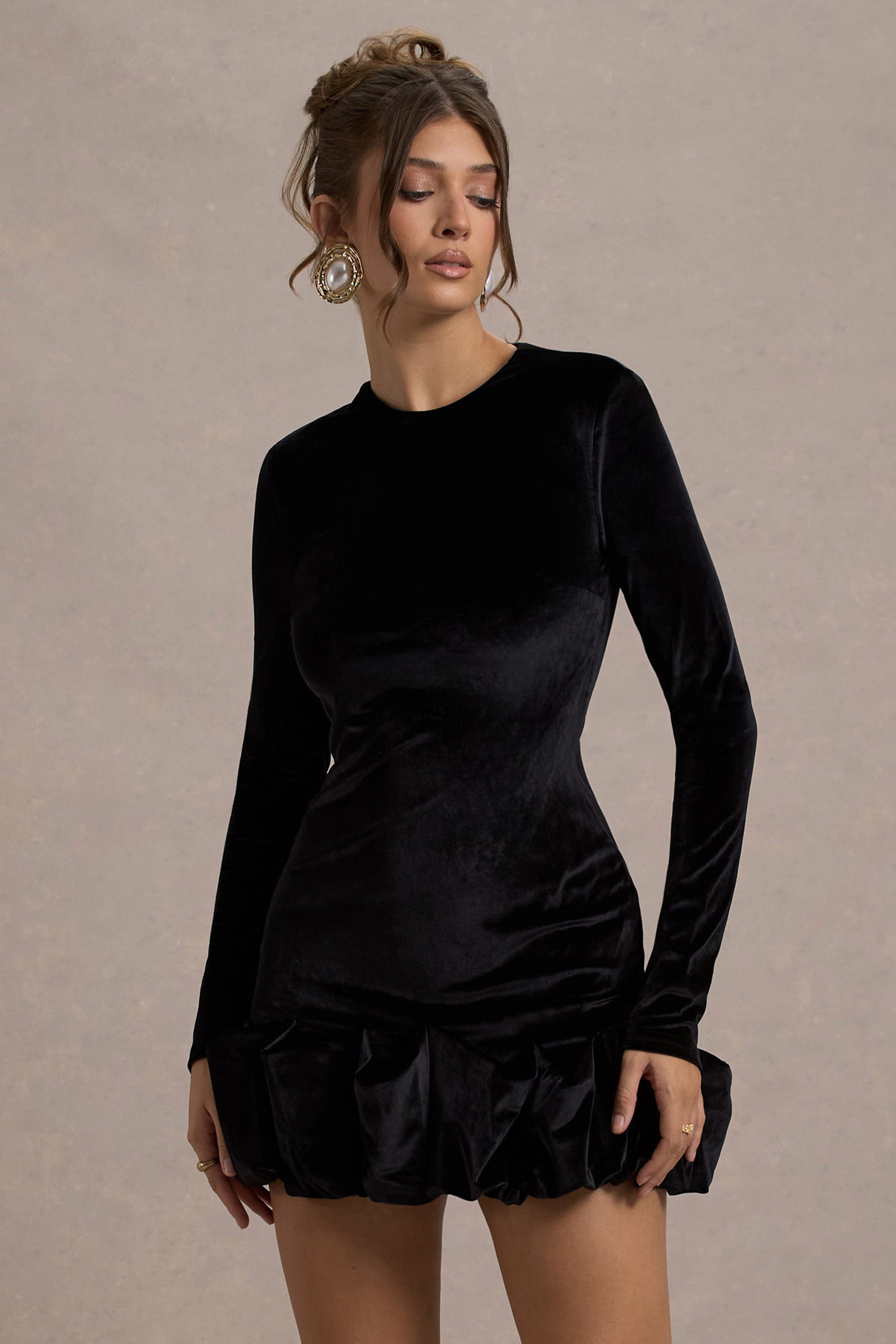 Claudine | Black Velvet Long-Sleeved Ruffled Mini Dress - Club L London - AUS