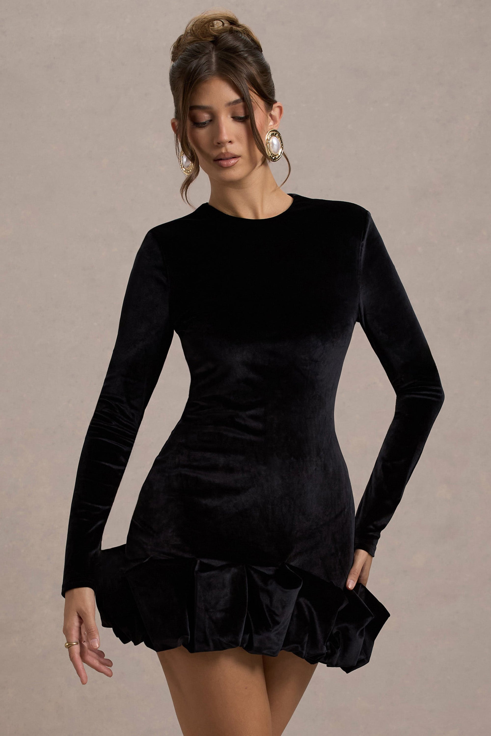 Claudine | Black Velvet Long-Sleeved Ruffled Mini Dress - Club L London - AUS