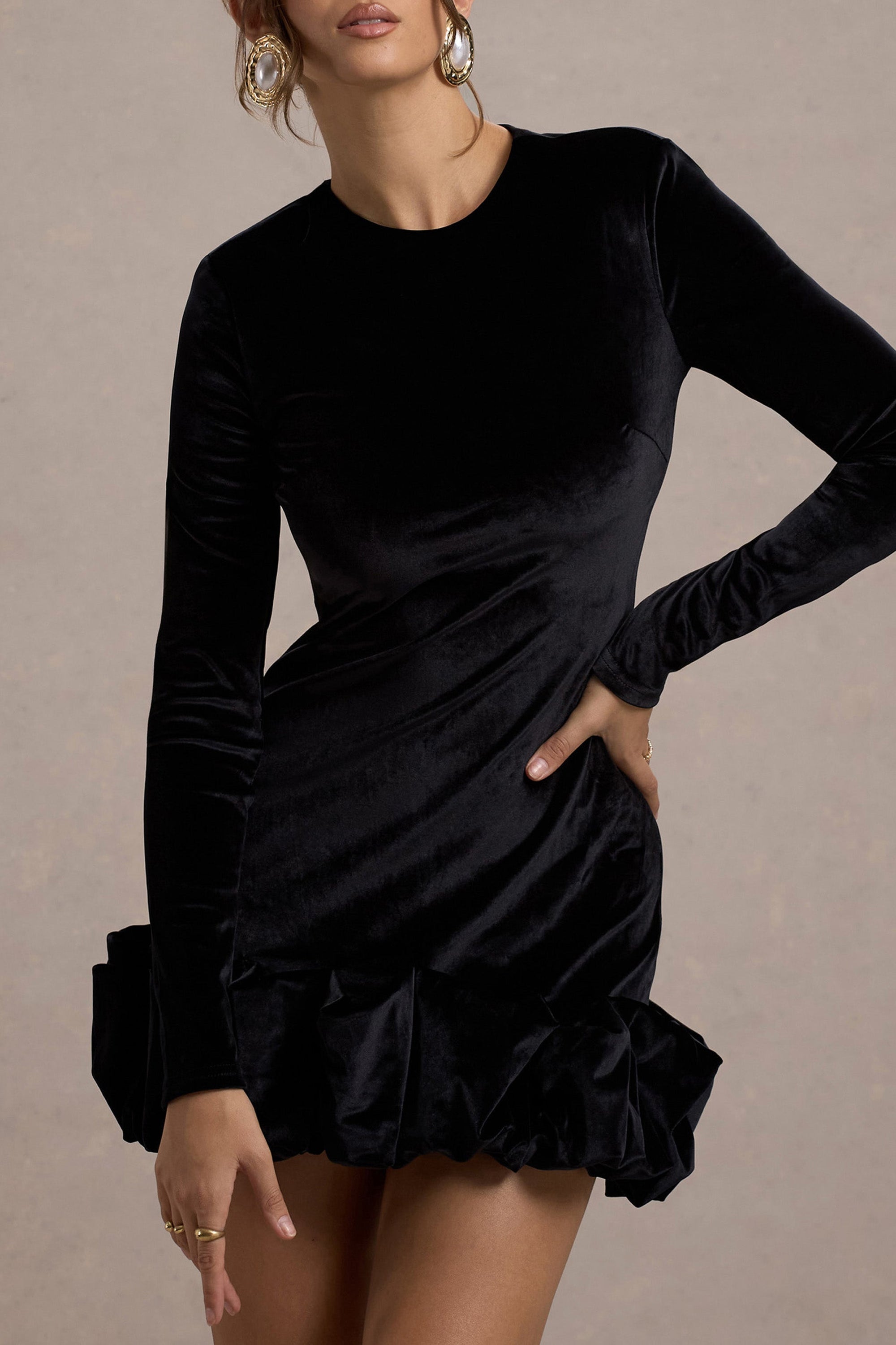 Claudine | Black Velvet Long-Sleeved Ruffled Mini Dress - Club L London - AUS