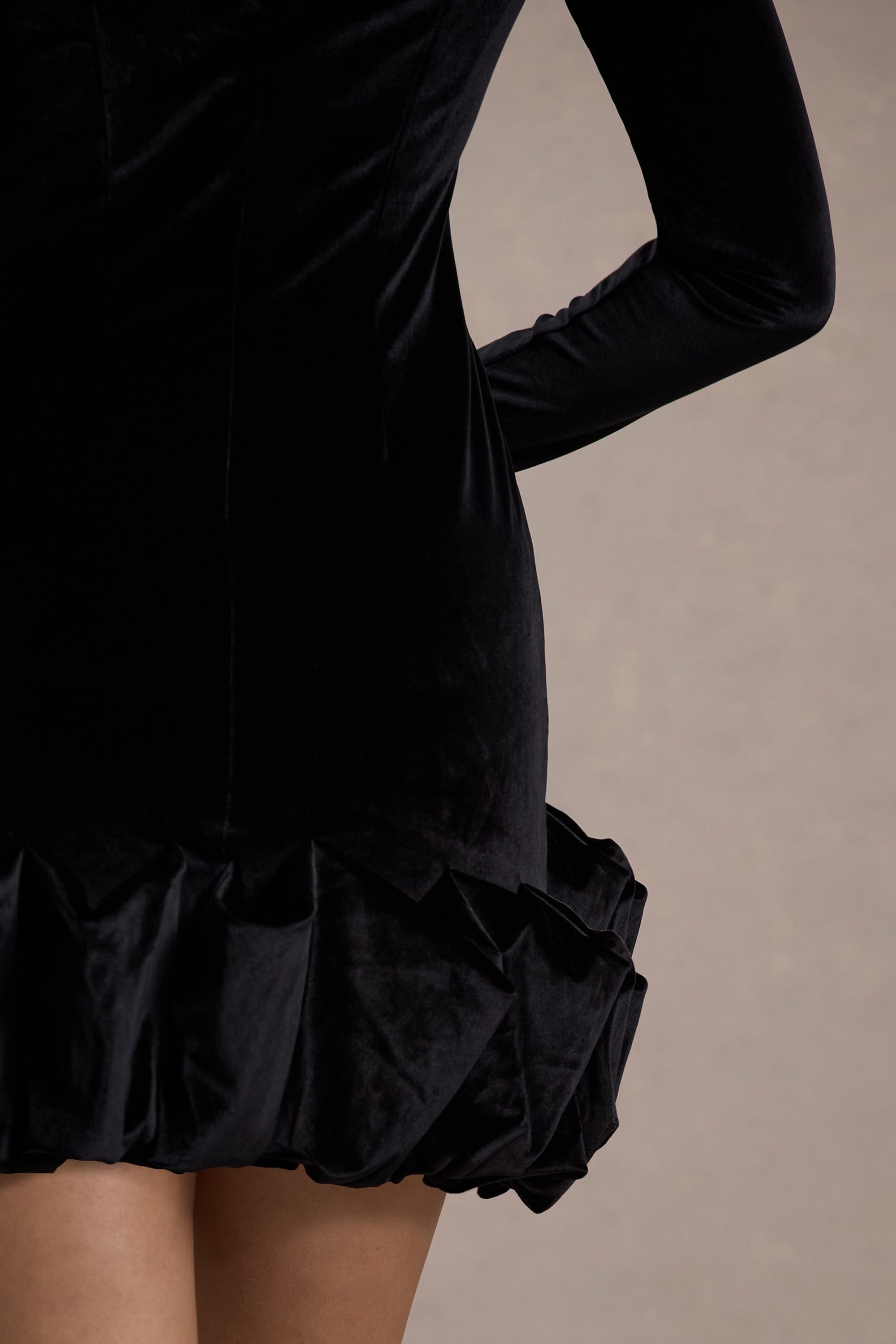Claudine | Black Velvet Long-Sleeved Ruffled Mini Dress - Club L London - AUS