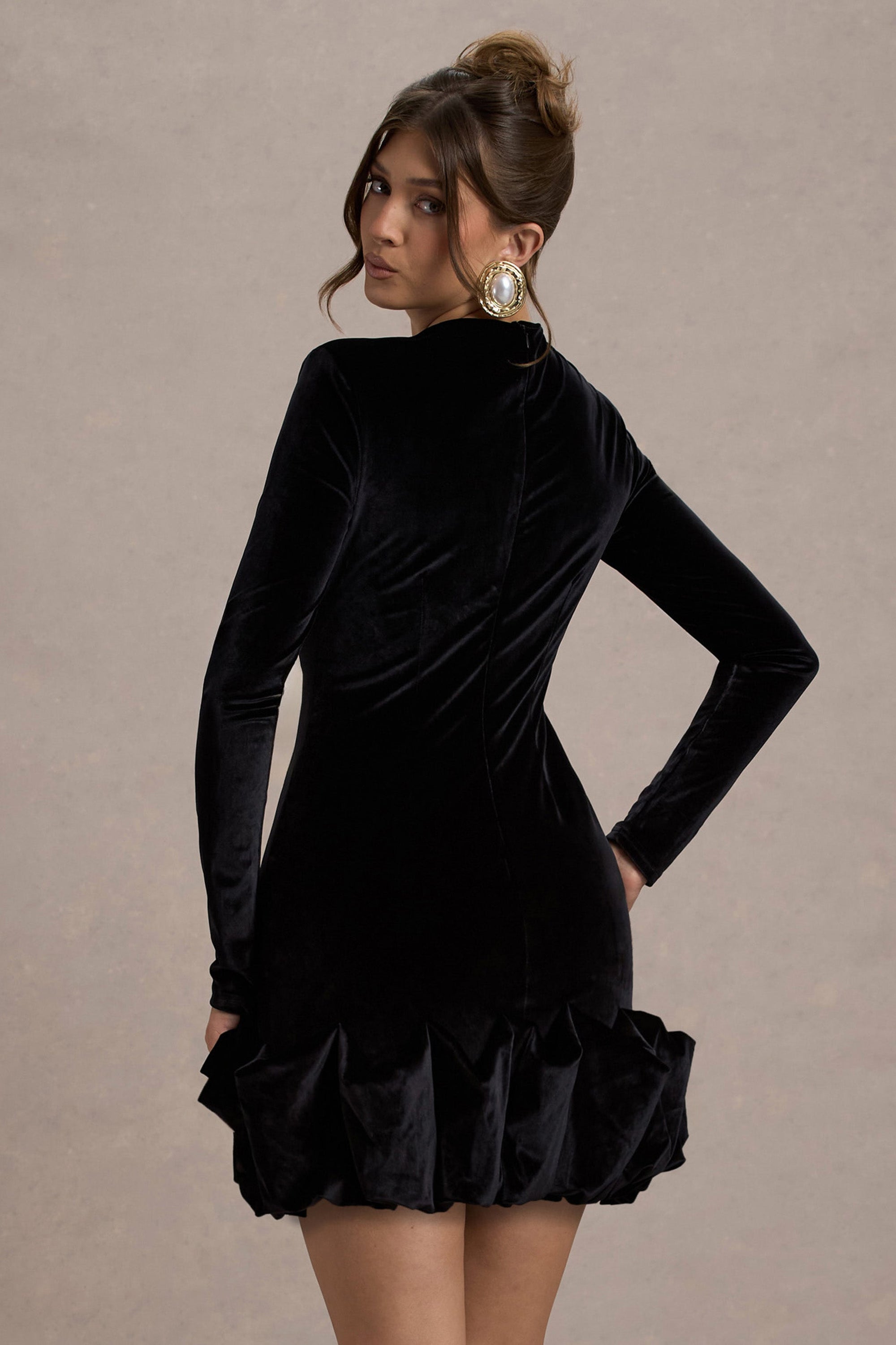 Claudine | Black Velvet Long-Sleeved Ruffled Mini Dress - Club L London - AUS