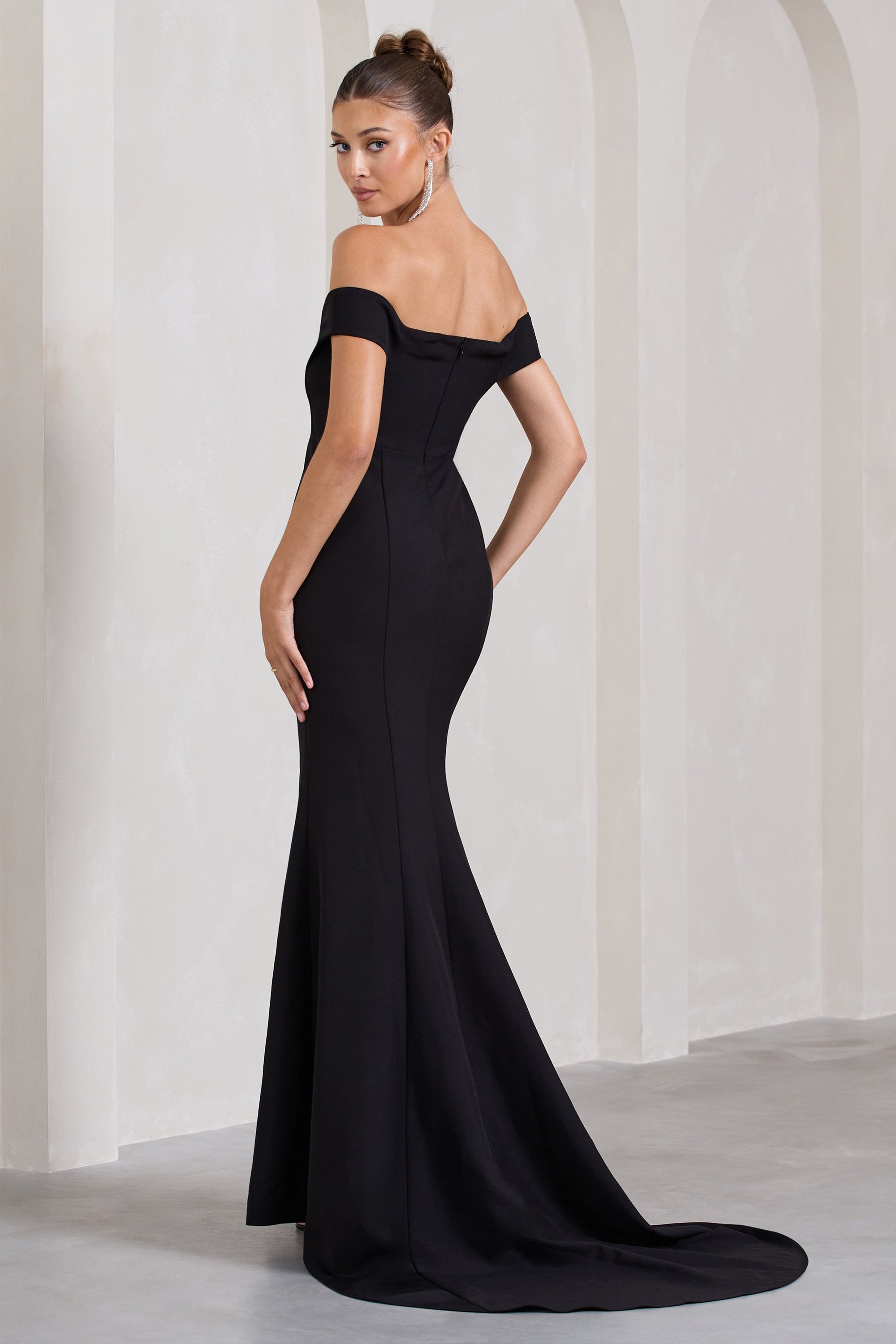 Karma | Black Bardot Split Fishtail Maxi Dress - Club L London - AUS