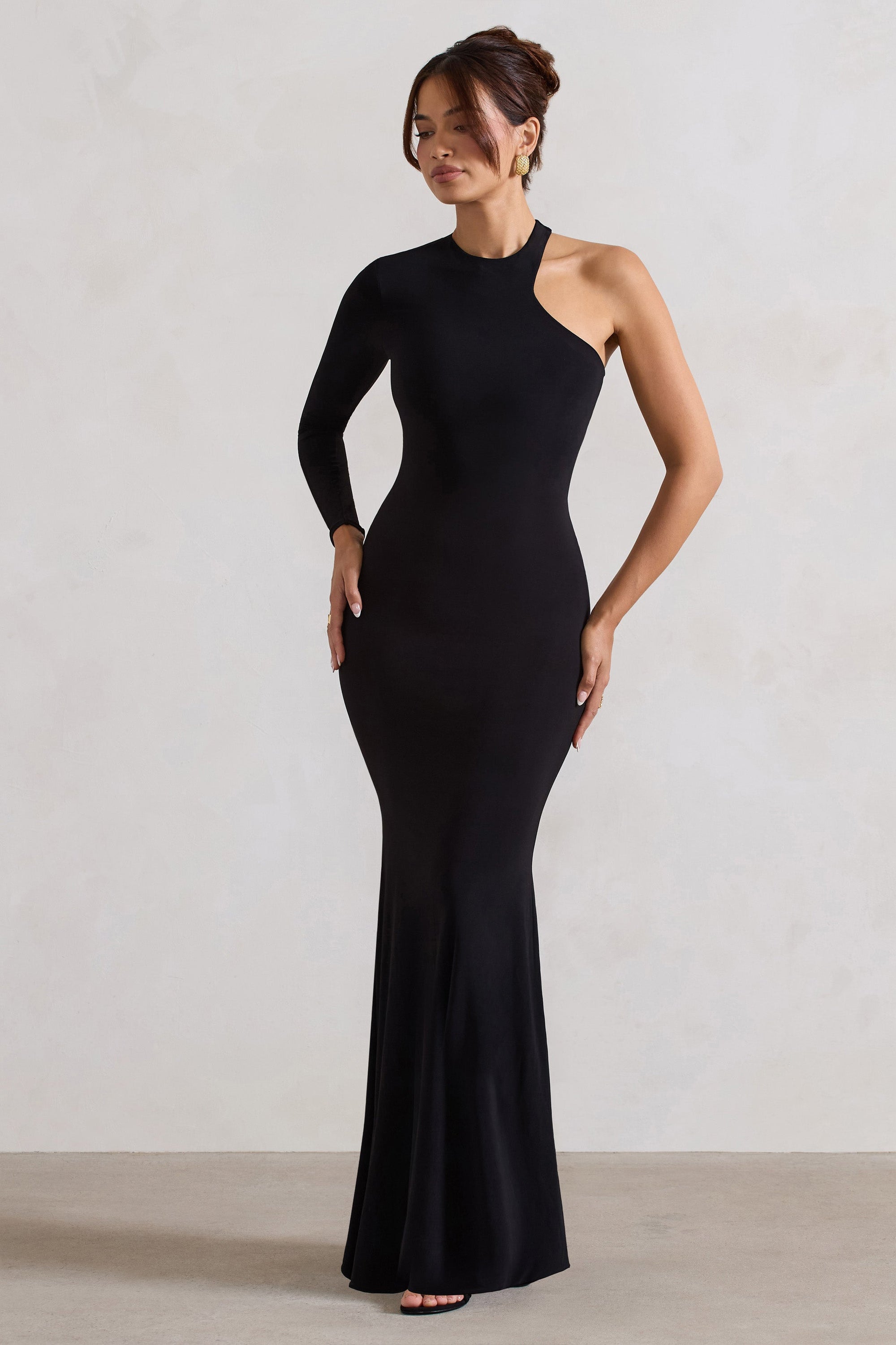 Tyra | Black Asymmetric Neck Cut Out Maxi Dress With Open Back Detail - Club L London - AUS