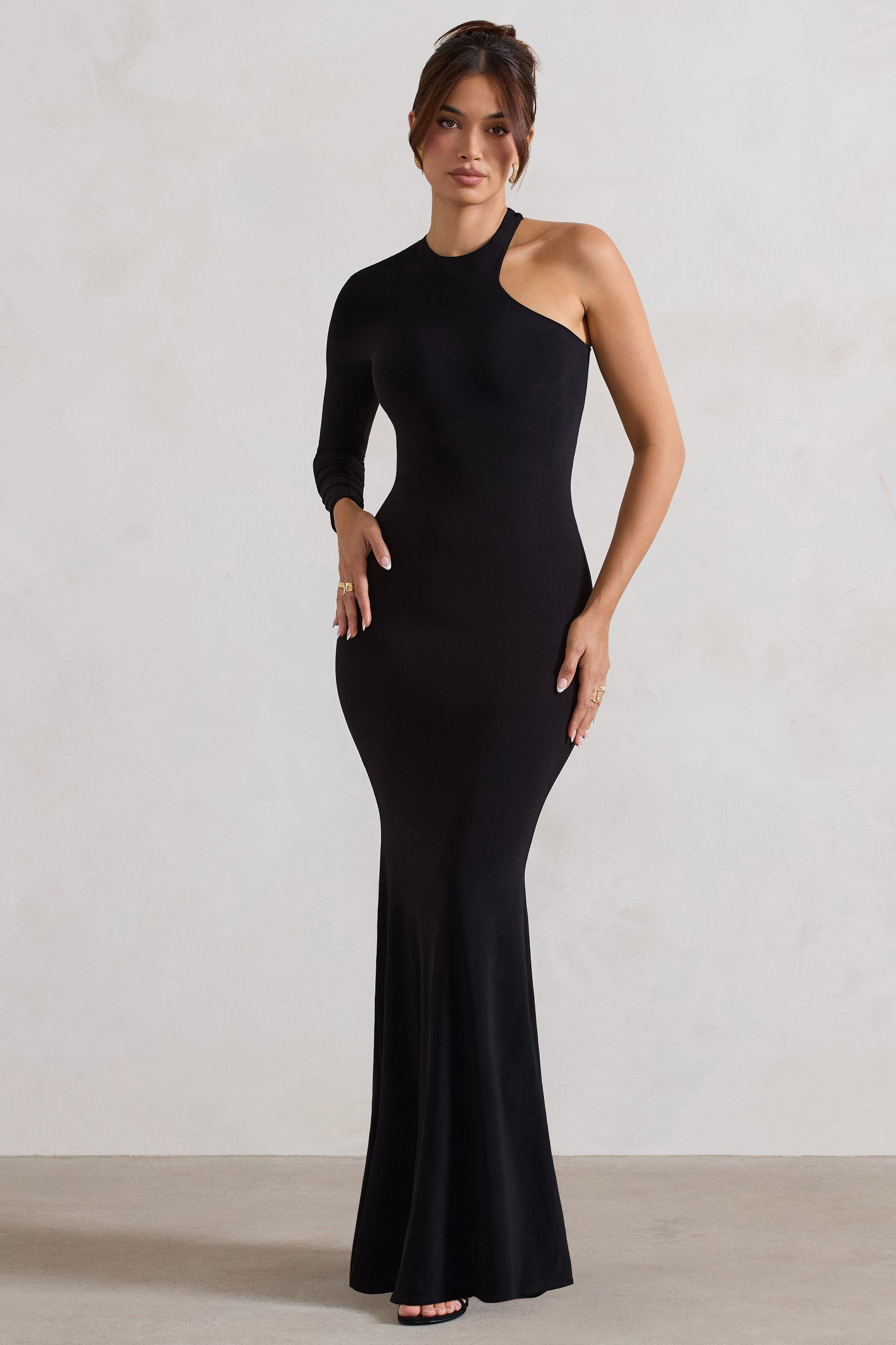 Tyra | Black Asymmetric Neck Cut Out Maxi Dress With Open Back Detail - Club L London - AUS
