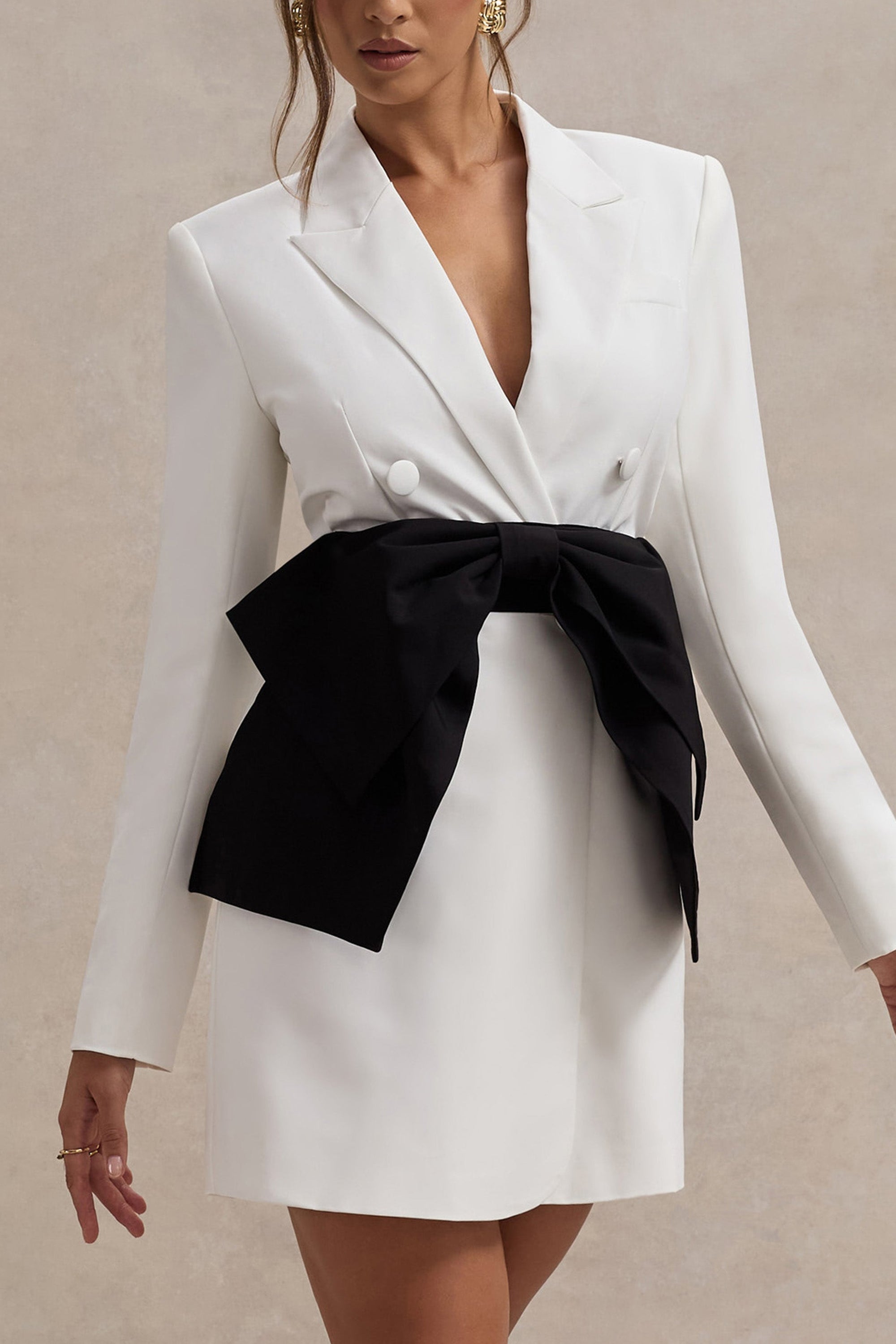 Prized | White Tailored Blazer Dress With Black Bow - Club L London - AUS