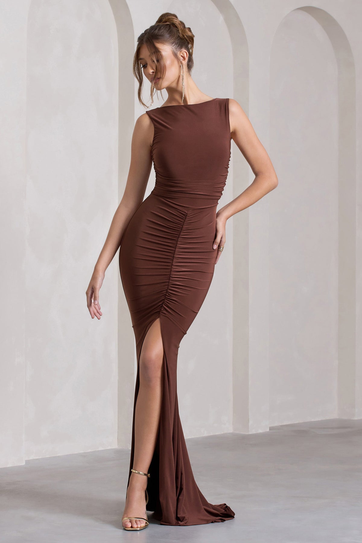 My Presence Chocolate Brown Low Back Fishtail Split Maxi Dress