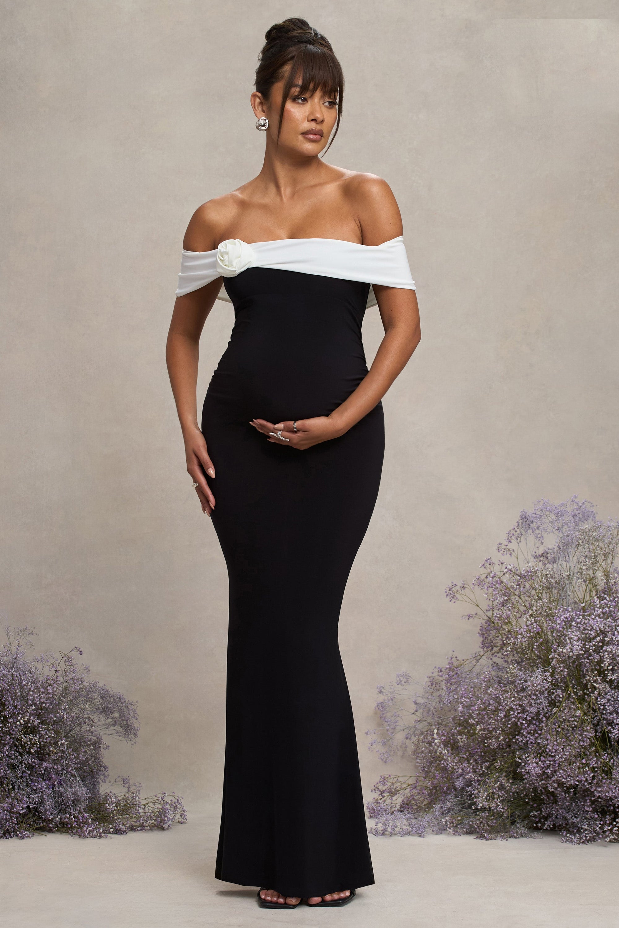 In Bloom | Black & White Bardot Maternity Maxi Dress With Flower - Club L London - AUS