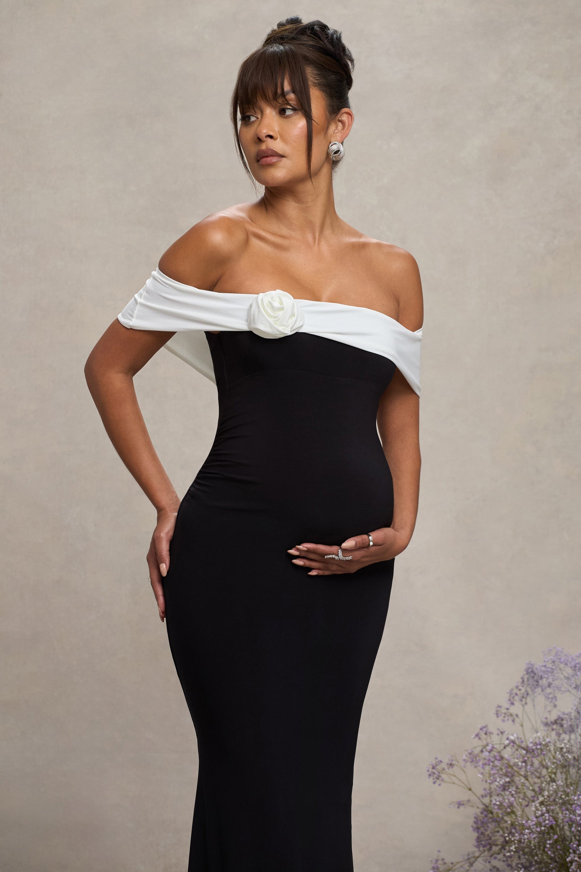 In Bloom | Black & White Bardot Maternity Maxi Dress With Flower - Club L London - AUS