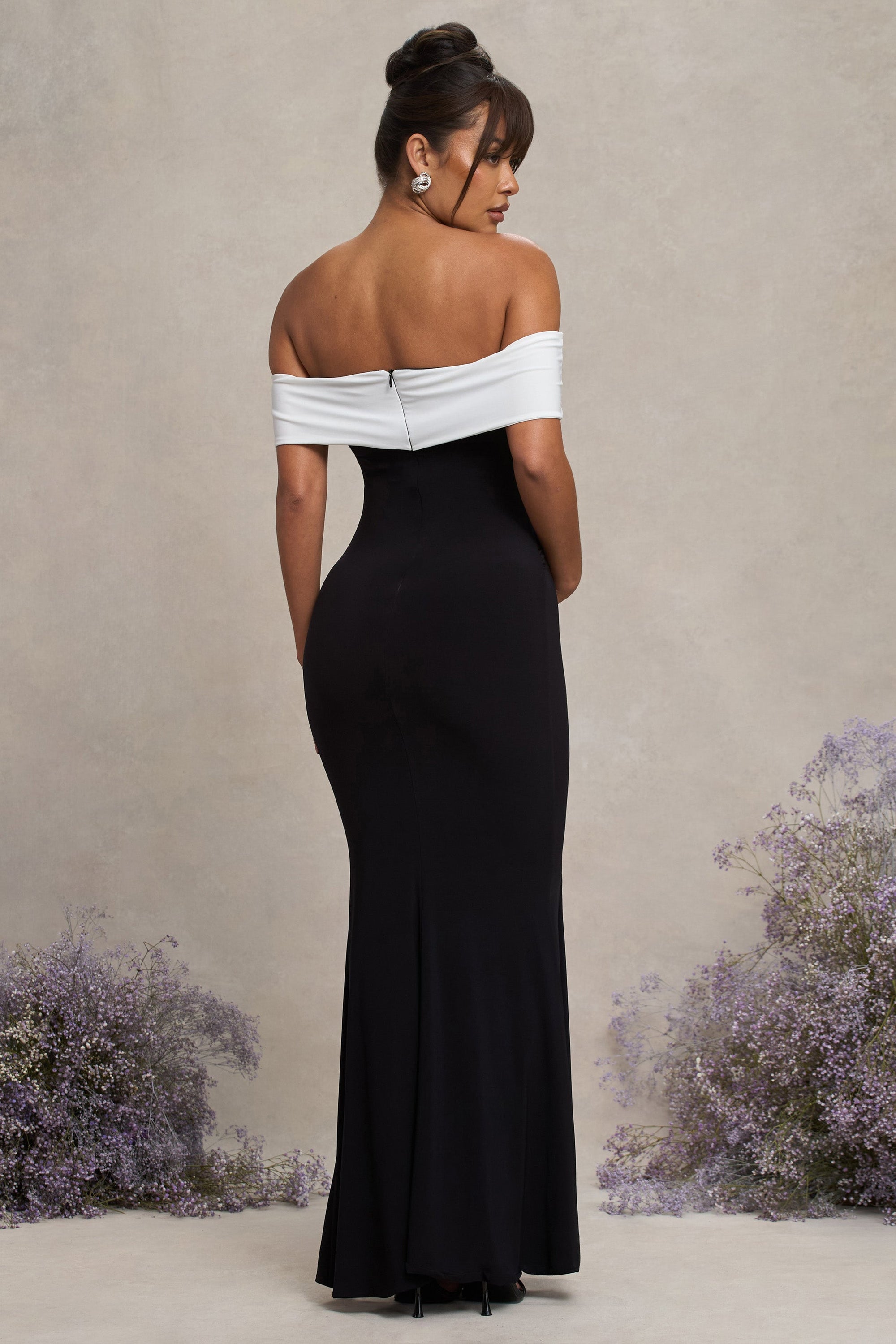 In Bloom | Black & White Bardot Maternity Maxi Dress With Flower - Club L London - AUS