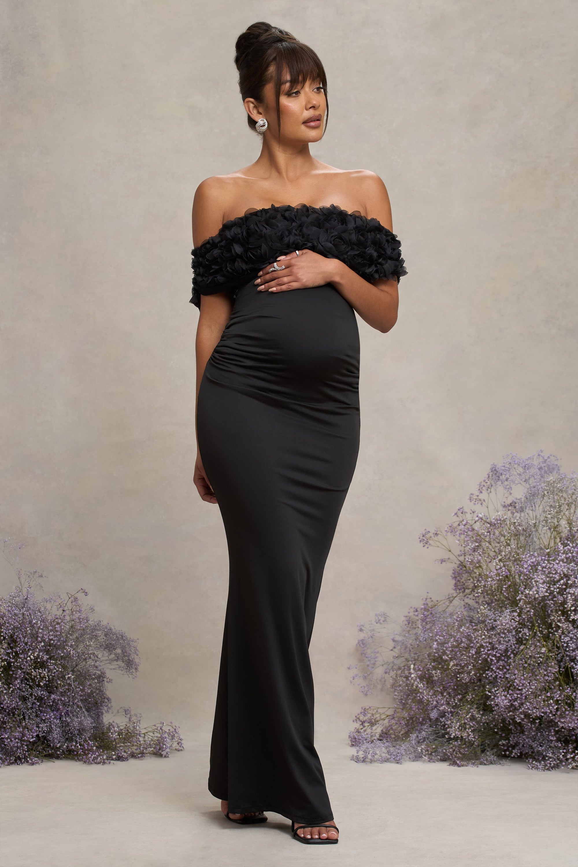 Inflorescence | Black Mesh Floral Bardot Maternity Maxi Dress - Club L London - AUS
