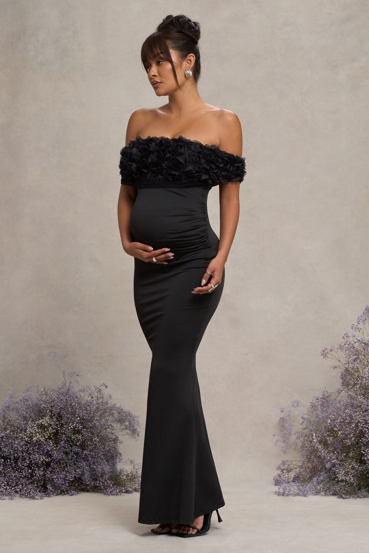 Inflorescence Black Mesh Floral Bardot Maternity Maxi Dress – Club L