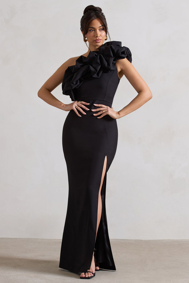 Vienne Black One Shoulder Ruffle Split Maxi Dress – Club L London - AUS