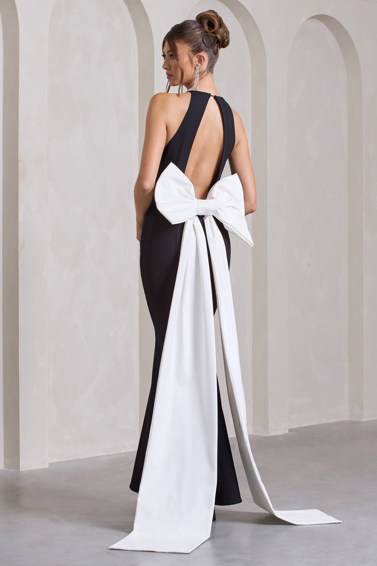 Bestow Black Open Back Maxi Dress With Oversized White Bow Club