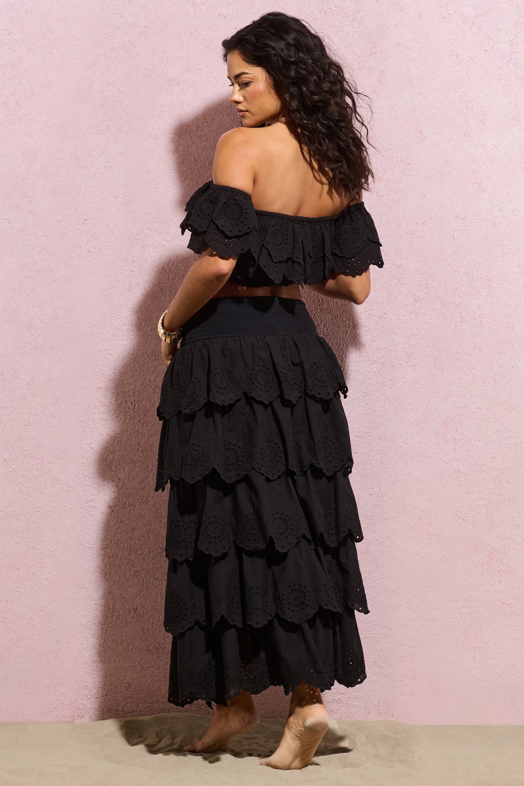 Vista | Black Broderie Ruffled Tiered Maxi Skirt - Club L London - AUS