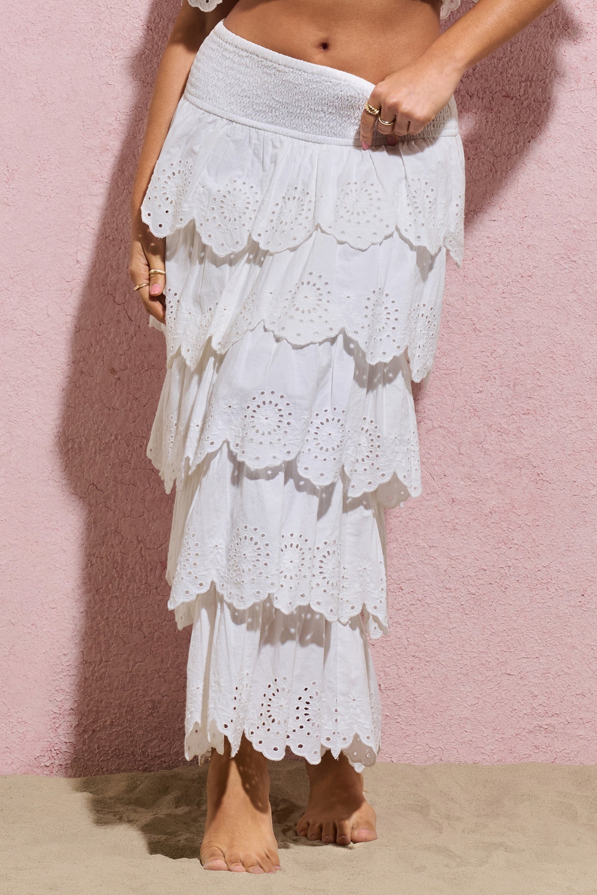 Vista | White Broderie Ruffled Tiered Maxi Skirt - Club L London - AUS