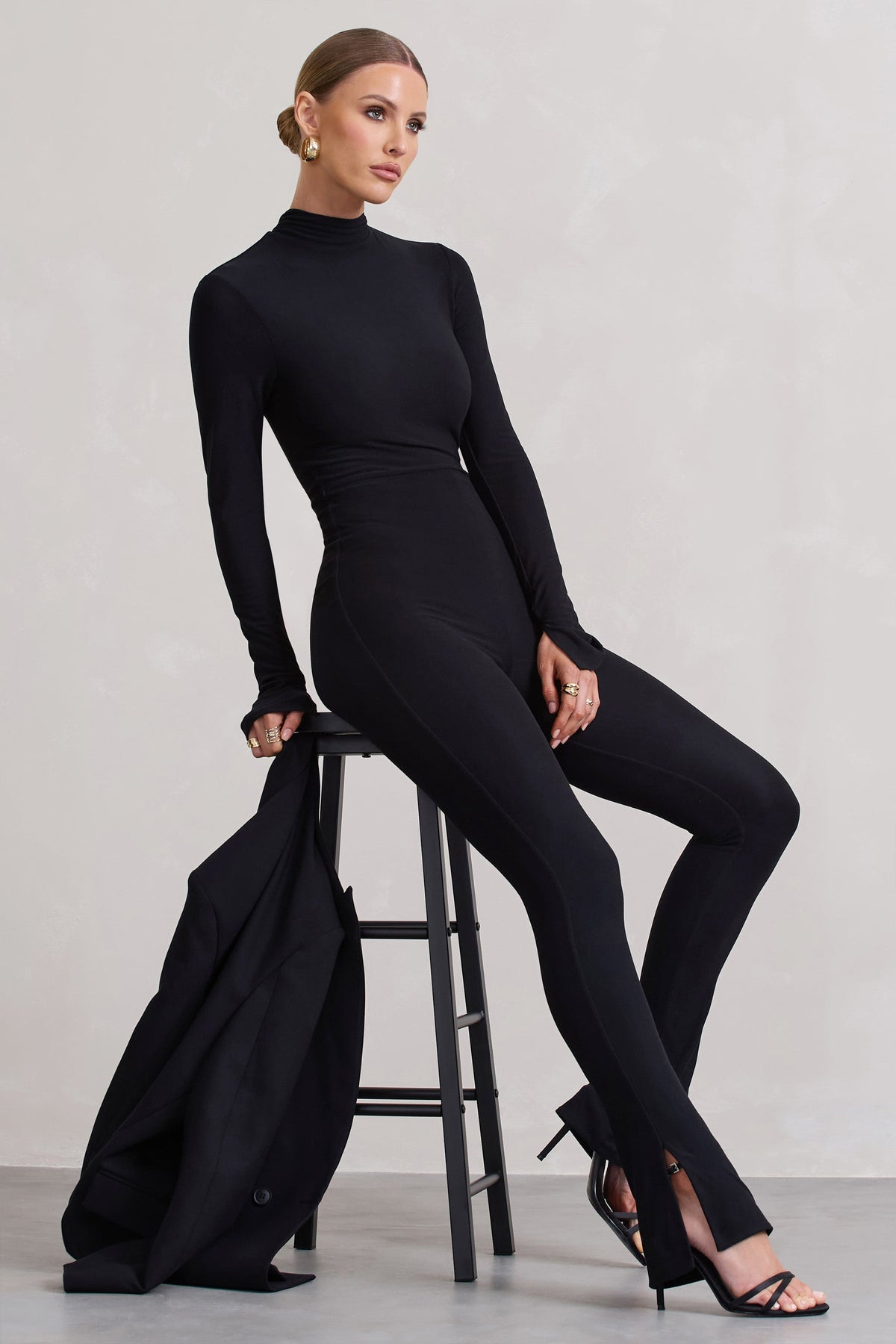 Elevated Black High Neck Slim Leg Jumpsuit With Long Sleeves Club L London AUS