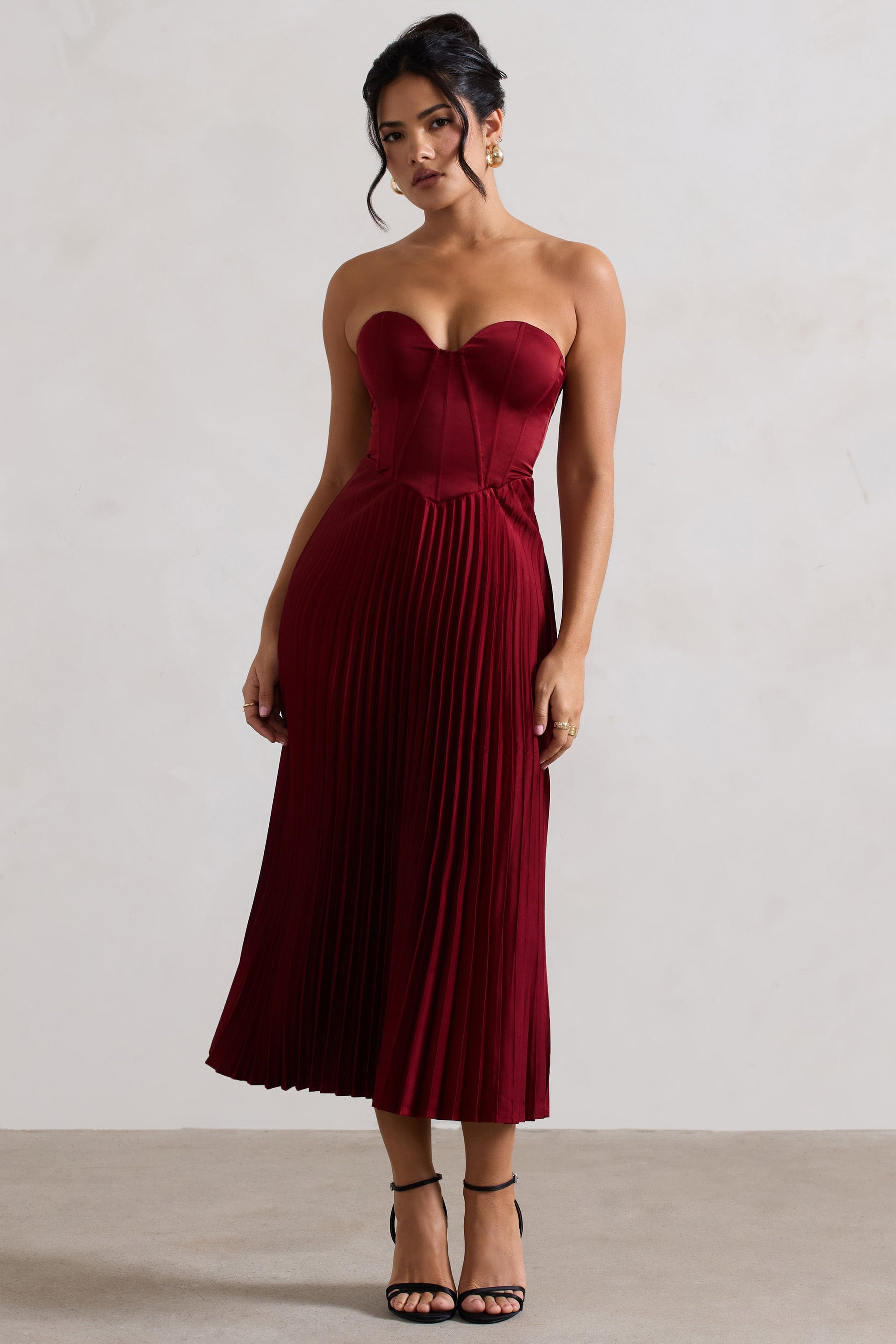 Bordeaux | Berry Satin Corset Style Midi Dress - Club L London - AUS