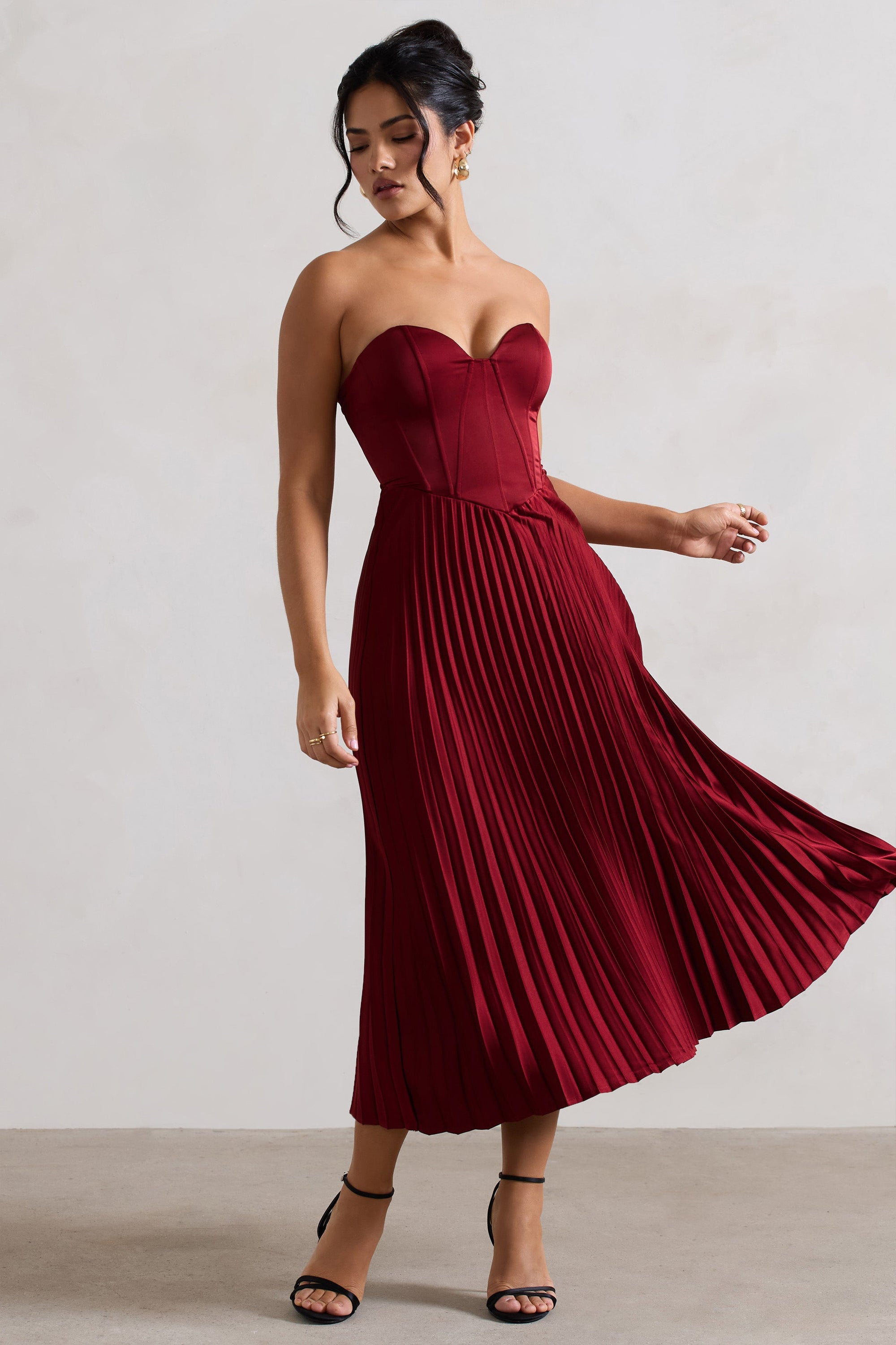 Bordeaux | Berry Satin Corset Style Midi Dress - Club L London - AUS