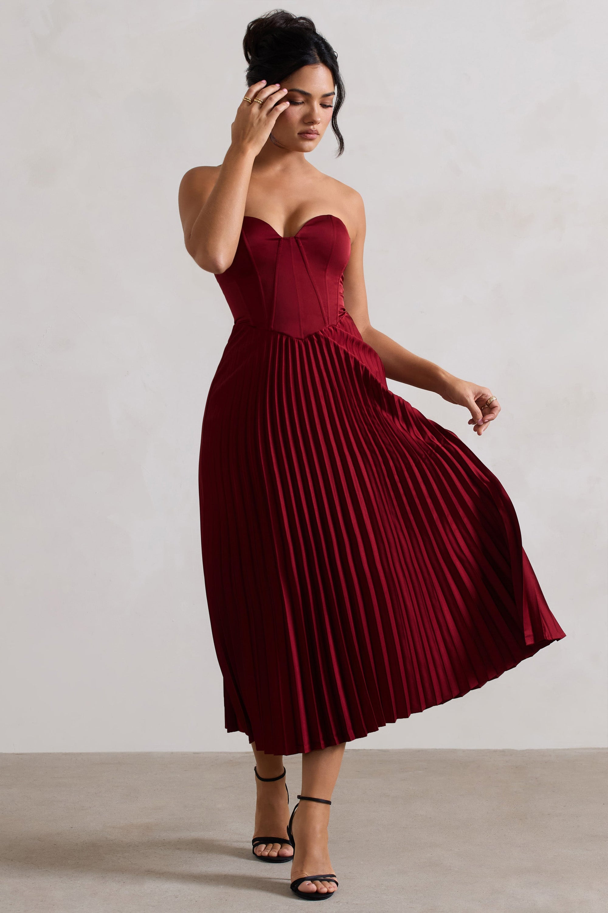 Bordeaux | Berry Satin Corset Style Midi Dress - Club L London - AUS