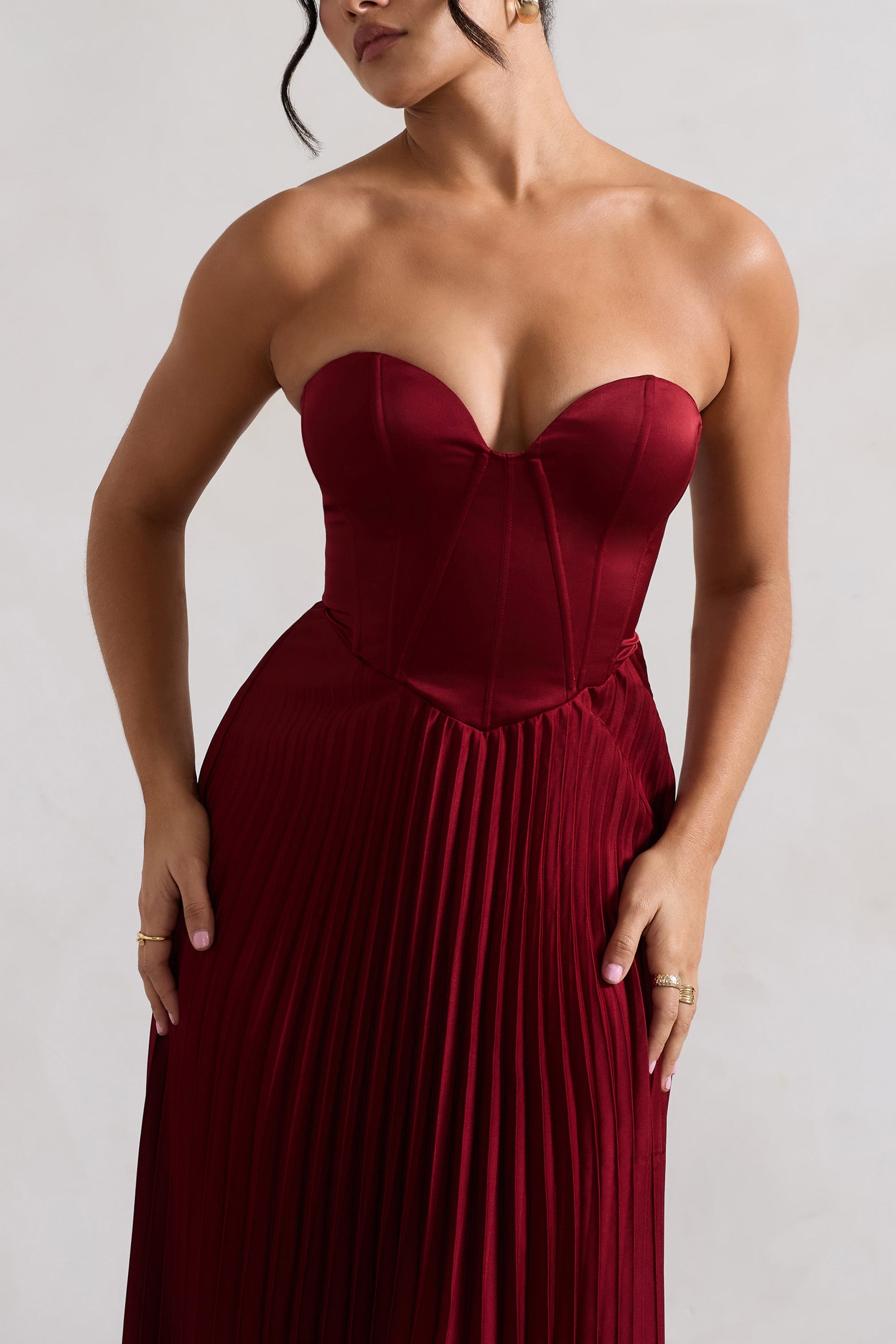 Bordeaux | Berry Satin Corset Style Midi Dress - Club L London - AUS