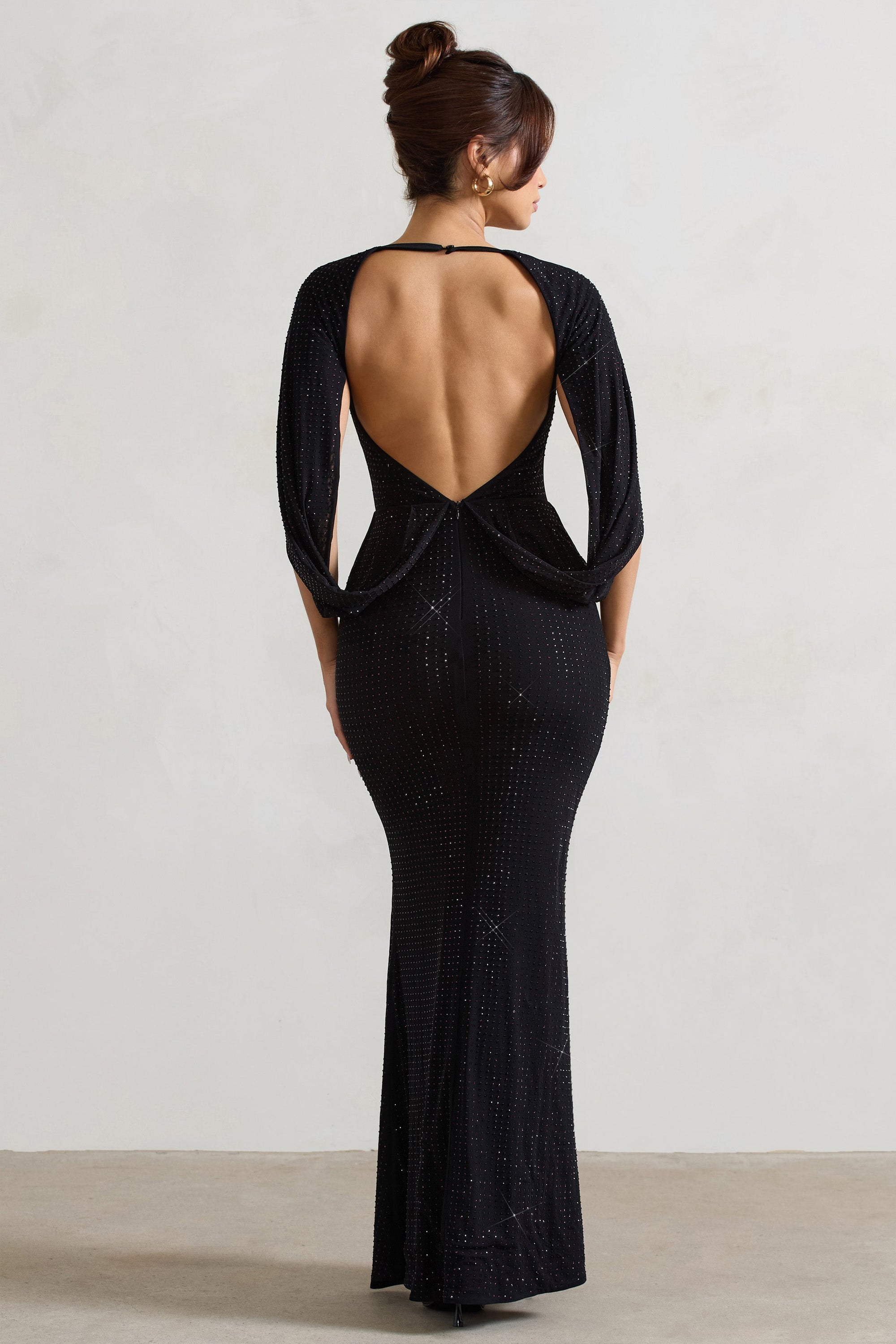Broadway | Black Embellished Fishtail Maxi Dress With Cape Sleeves - Club L London - AUS
