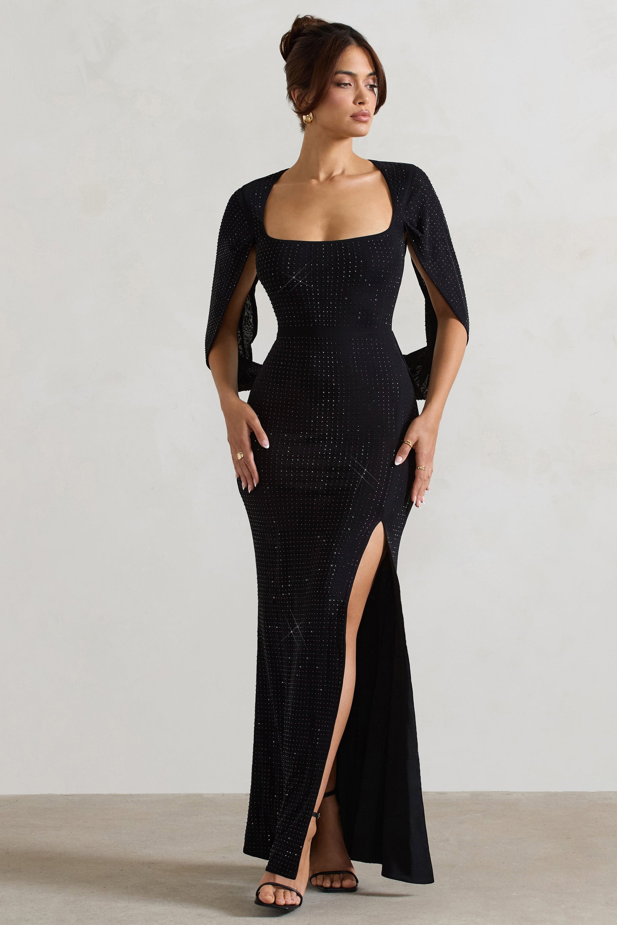 Broadway | Black Embellished Fishtail Maxi Dress With Cape Sleeves - Club L London - AUS