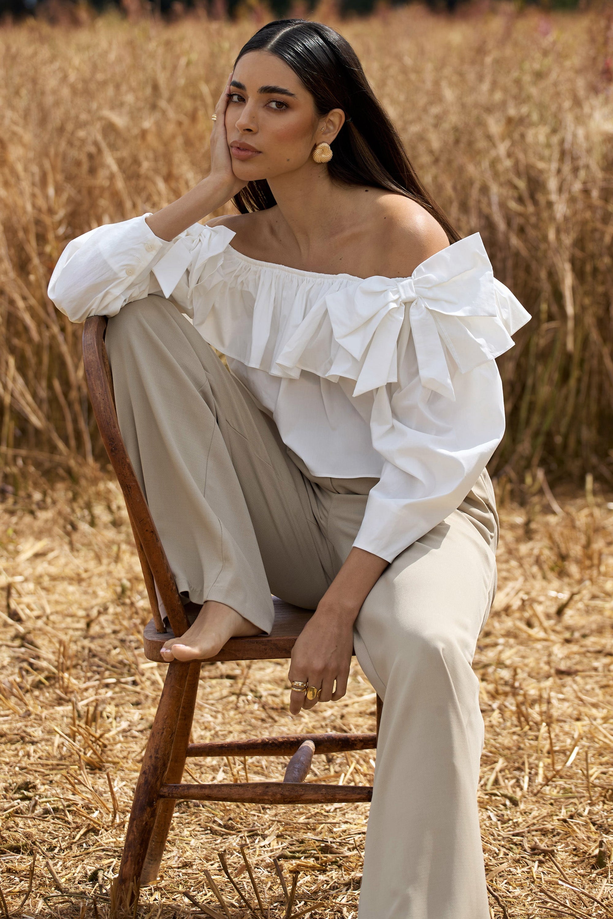 Cove | White Bardot Puff-Sleeve Ruffle Top With Bows - Club L London - AUS