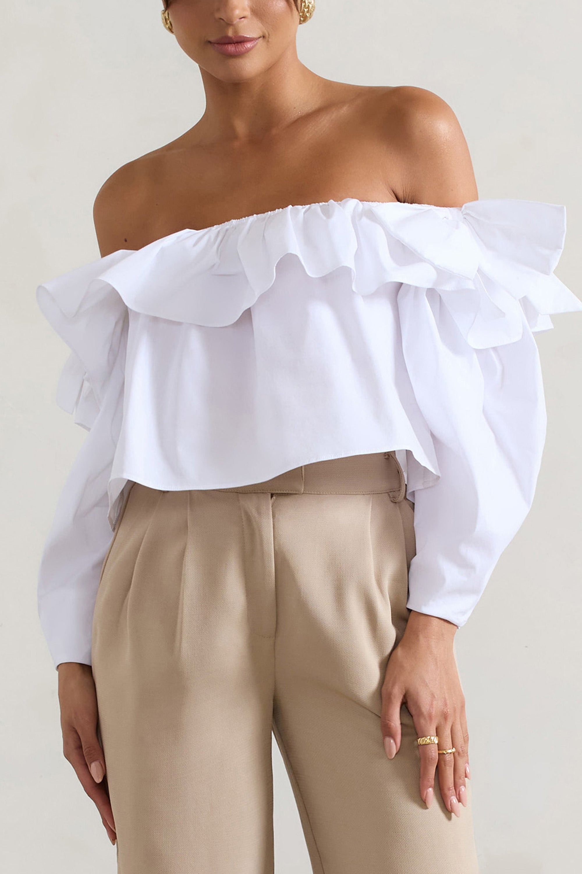 Cove | White Bardot Puff-Sleeve Ruffle Top With Bows - Club L London - AUS