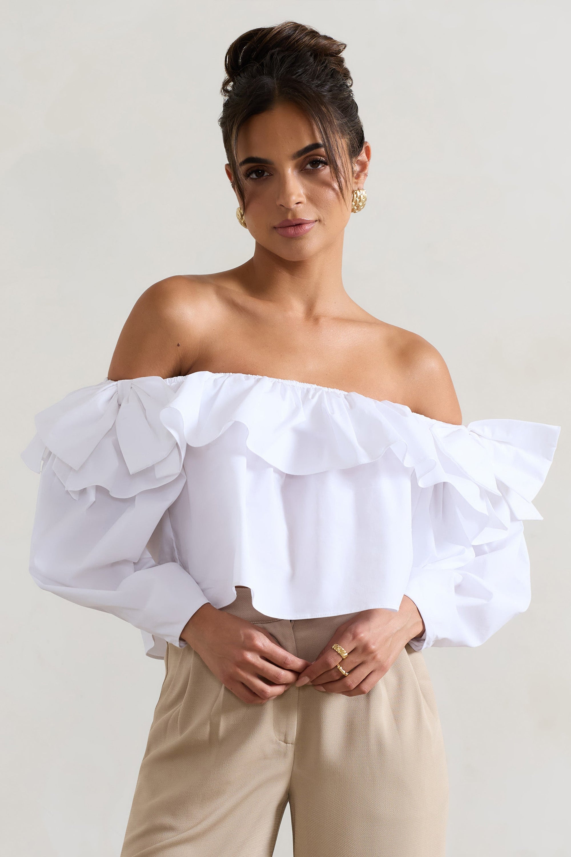Cove | White Bardot Puff-Sleeve Ruffle Top With Bows - Club L London - AUS