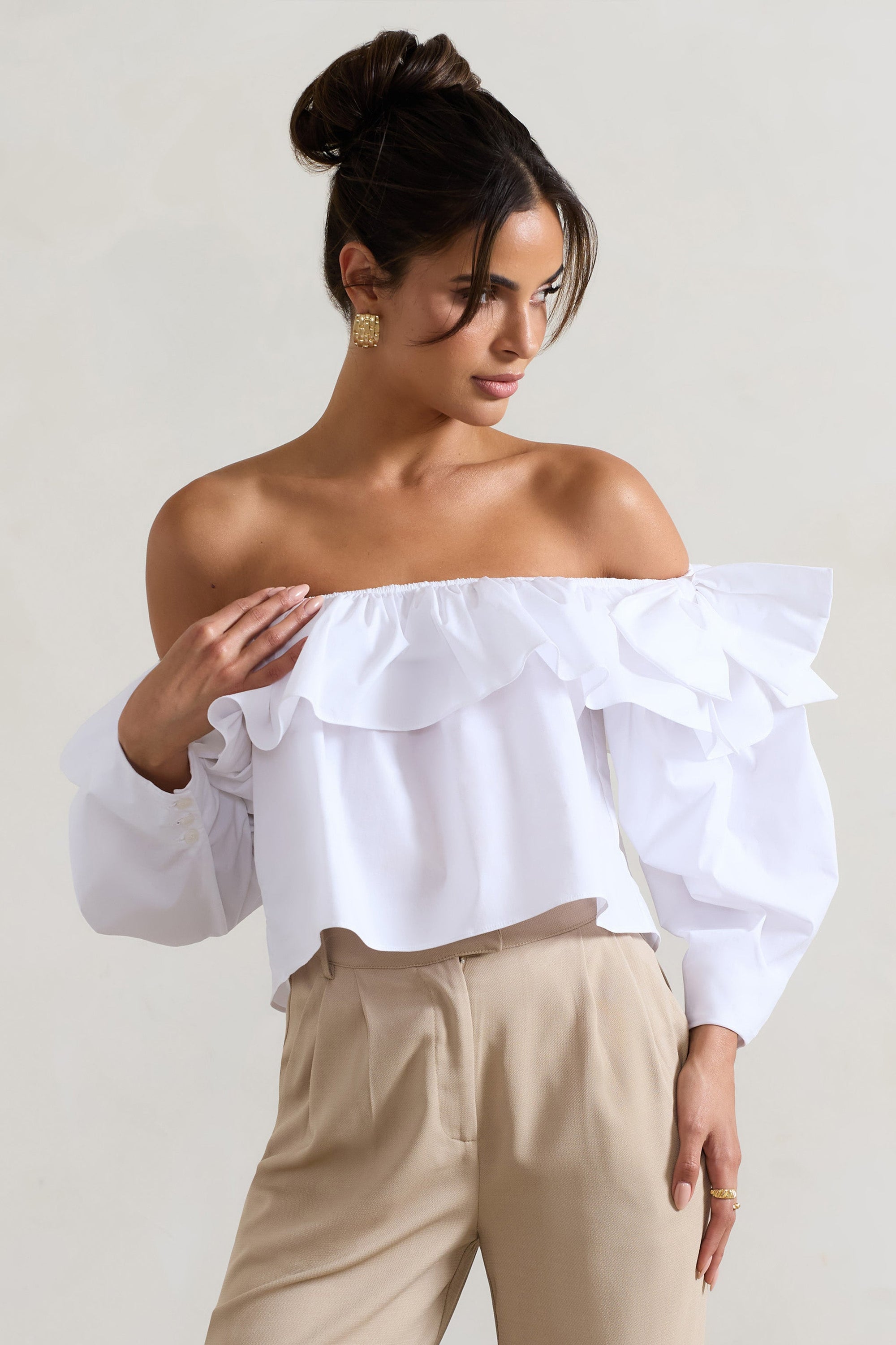 Cove | White Bardot Puff-Sleeve Ruffle Top With Bows - Club L London - AUS