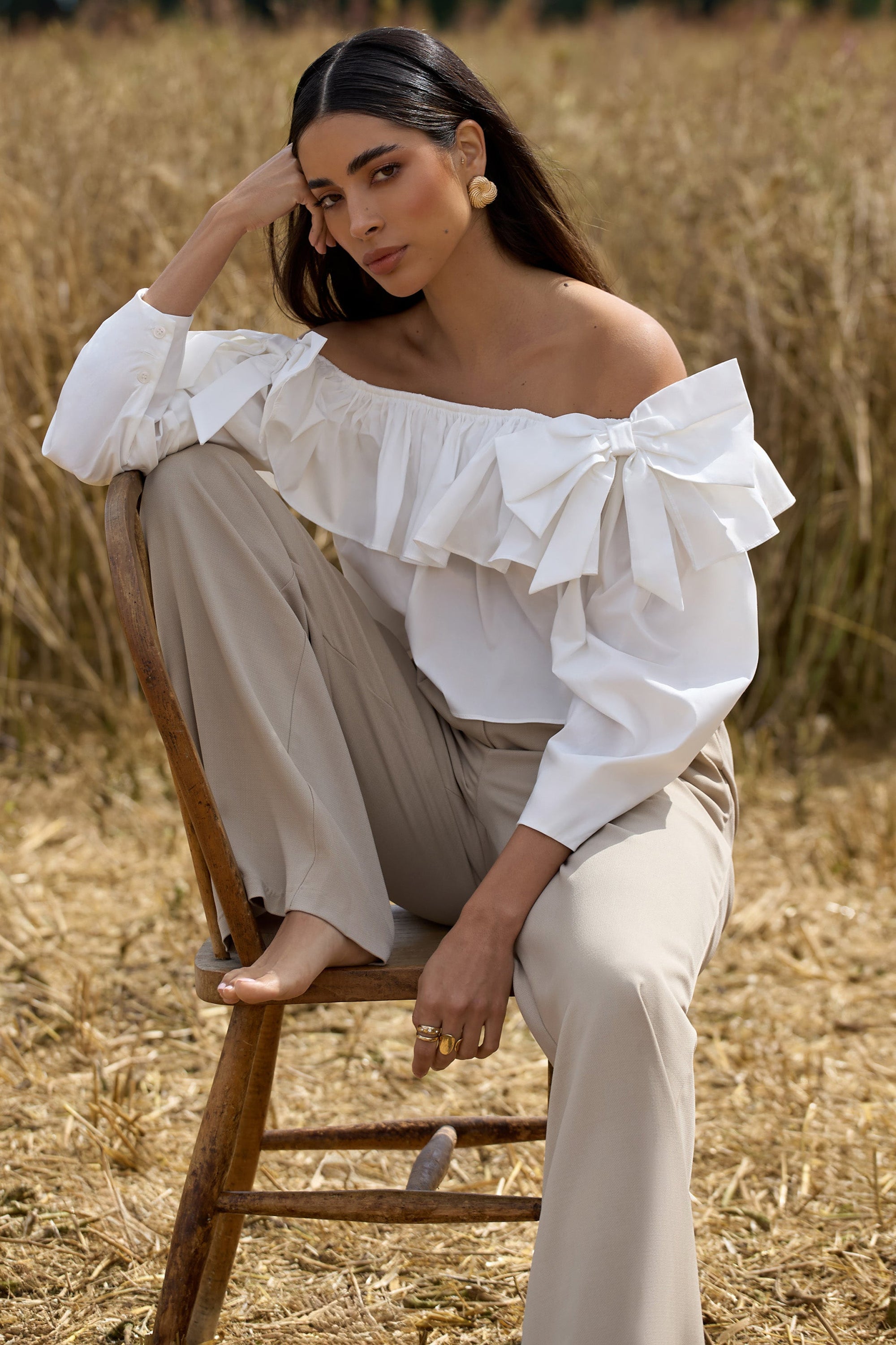 Cove | White Bardot Puff-Sleeve Ruffle Top With Bows - Club L London - AUS