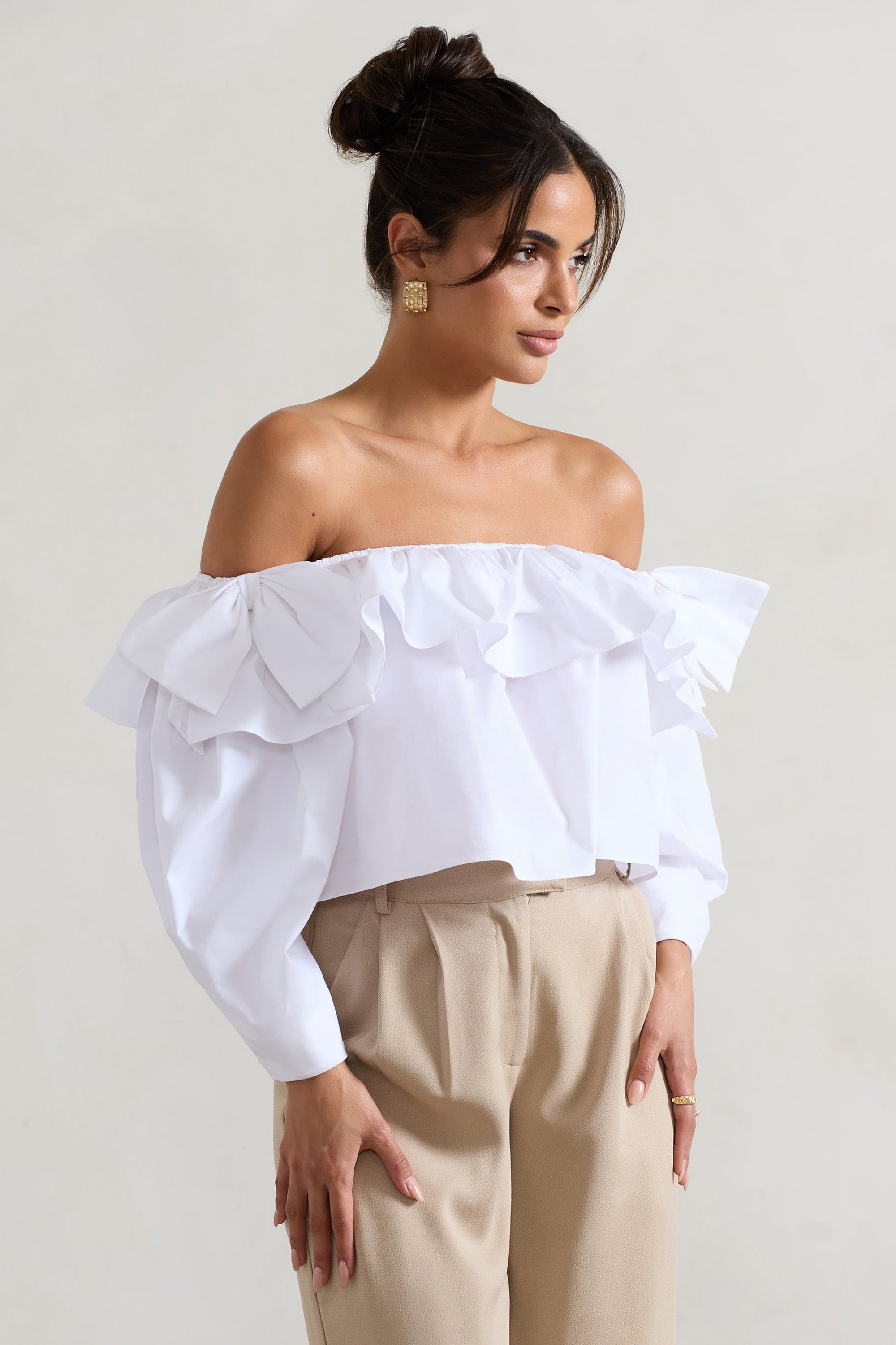 Cove | White Bardot Puff-Sleeve Ruffle Top With Bows - Club L London - AUS