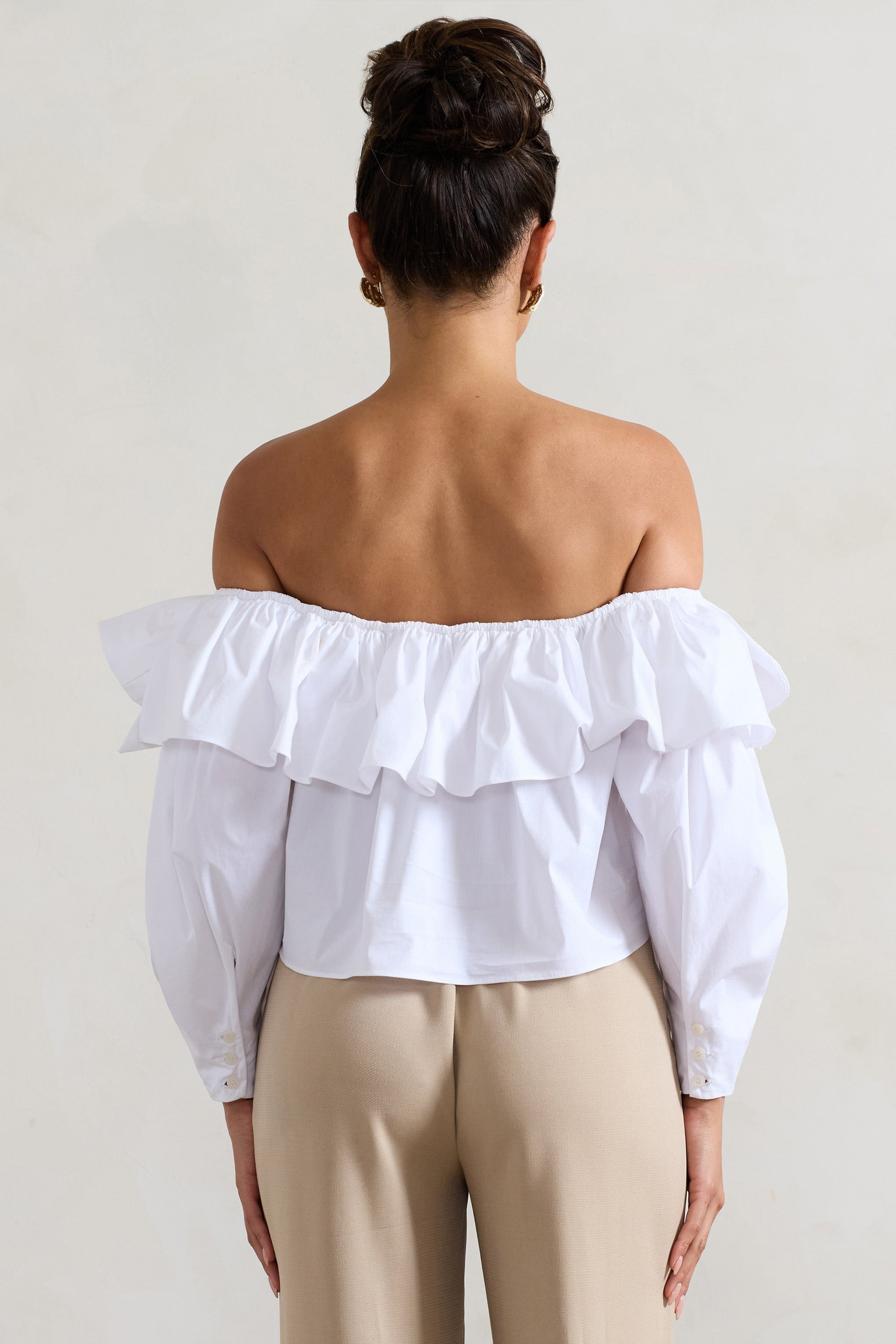 Cove | White Bardot Puff-Sleeve Ruffle Top With Bows - Club L London - AUS