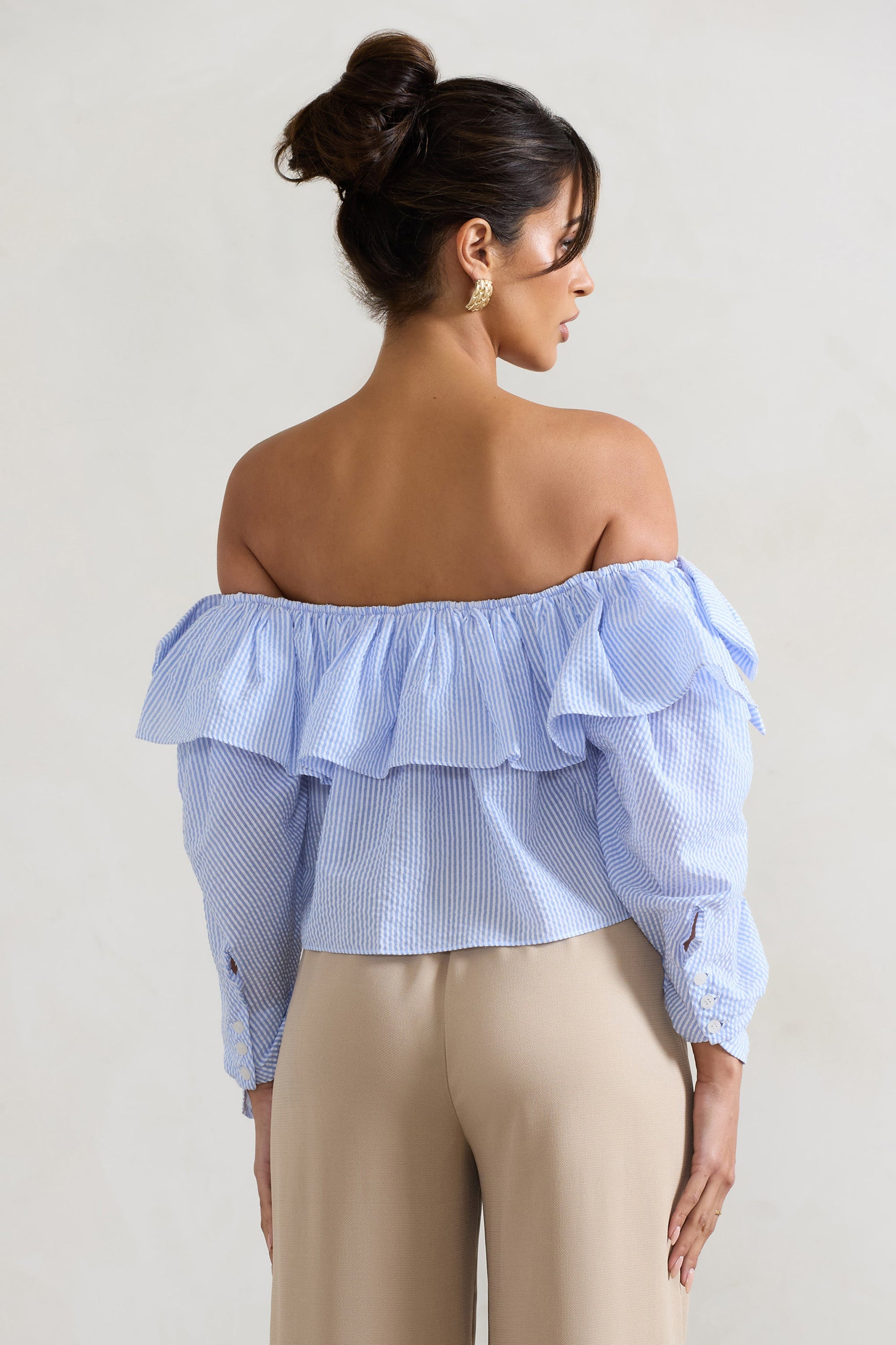 Harbour | Blue Pinstripe Bardot Puff-Sleeve Top With Bows - Club L London - AUS