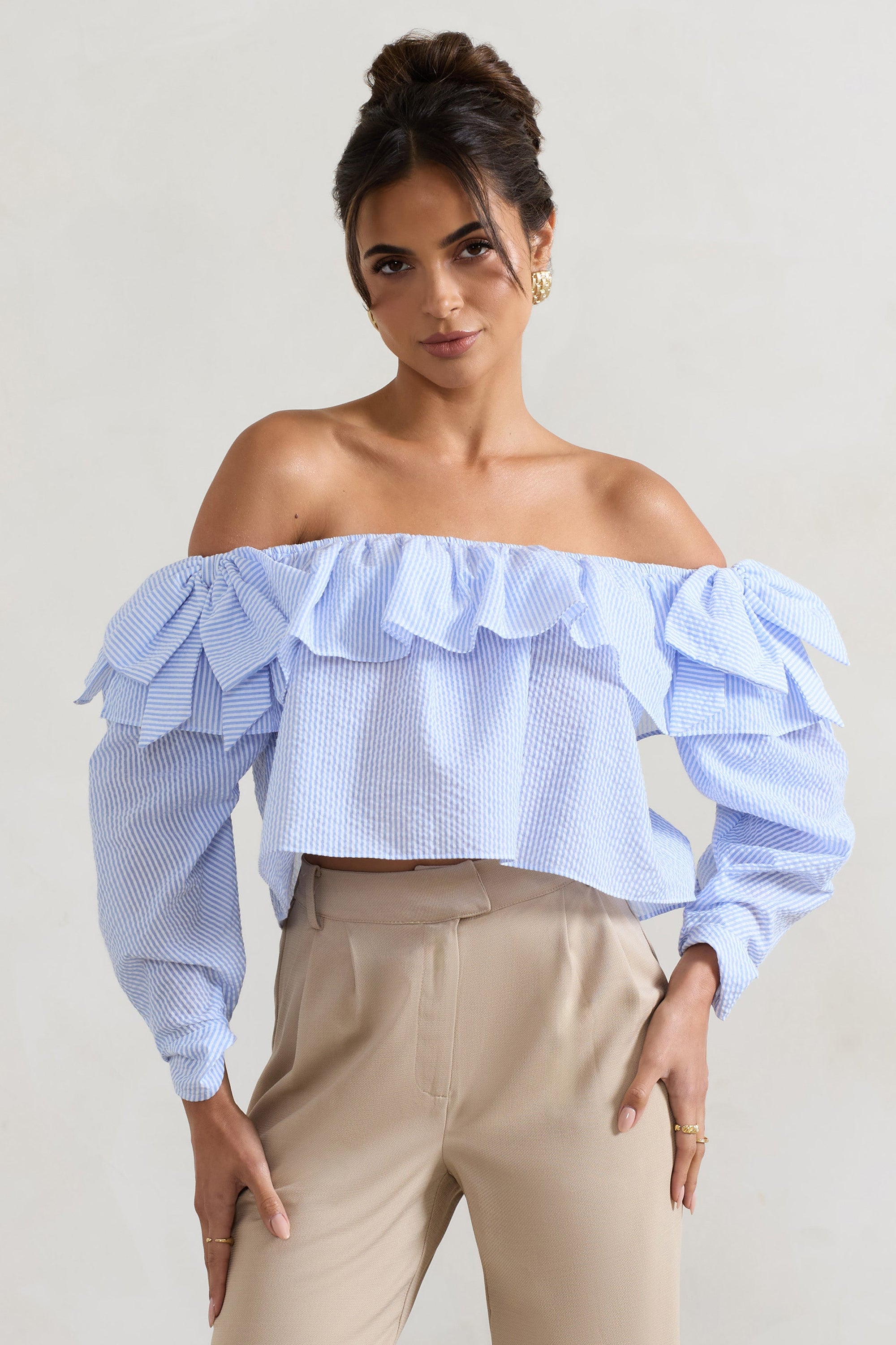 Harbour | Blue Pinstripe Bardot Puff-Sleeve Top With Bows - Club L London - AUS