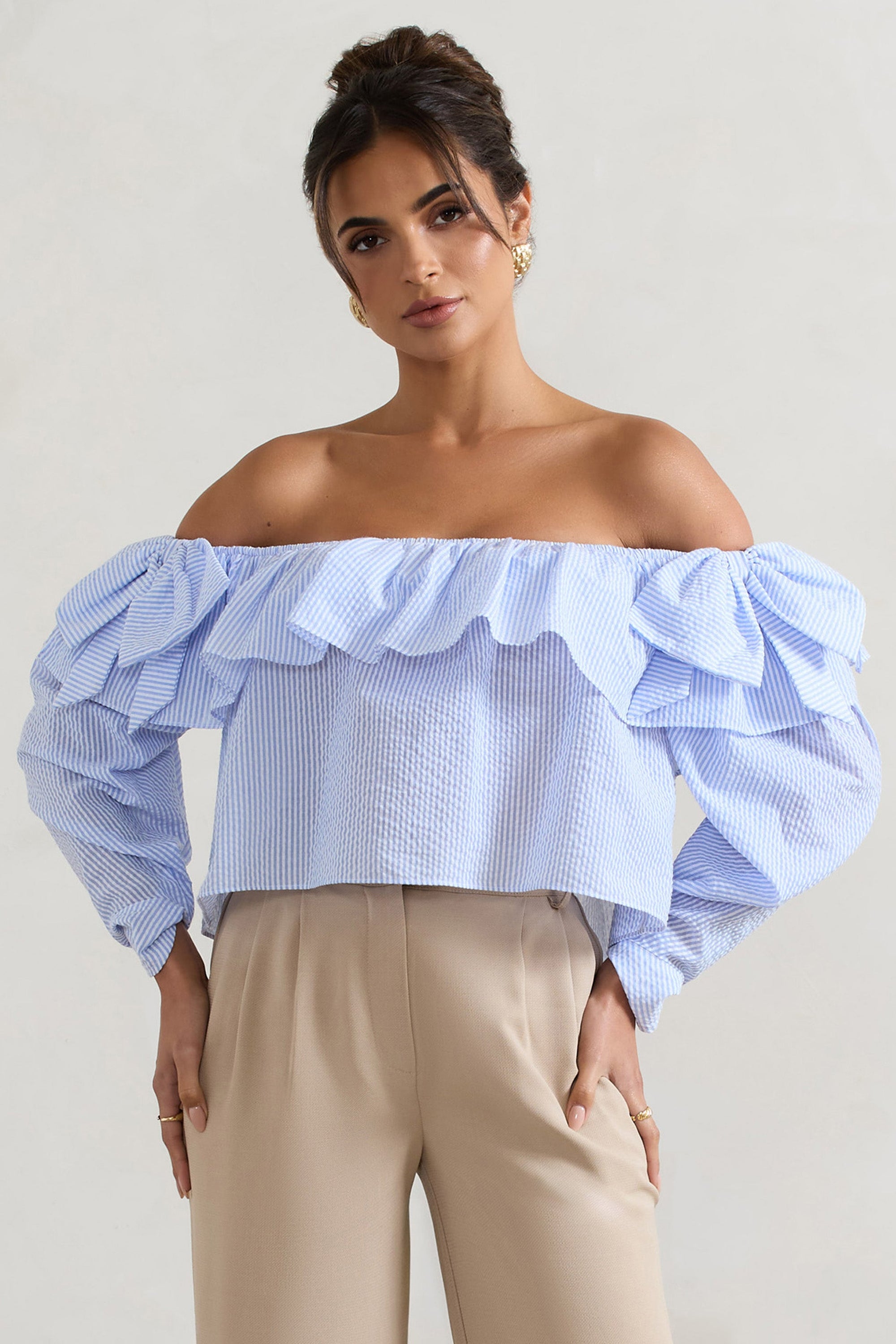 Harbour | Blue Pinstripe Bardot Puff-Sleeve Top With Bows - Club L London - AUS