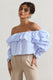 Harbour | Blue Pinstripe Bardot Puff-Sleeve Top With Bows - Club L London - AUS