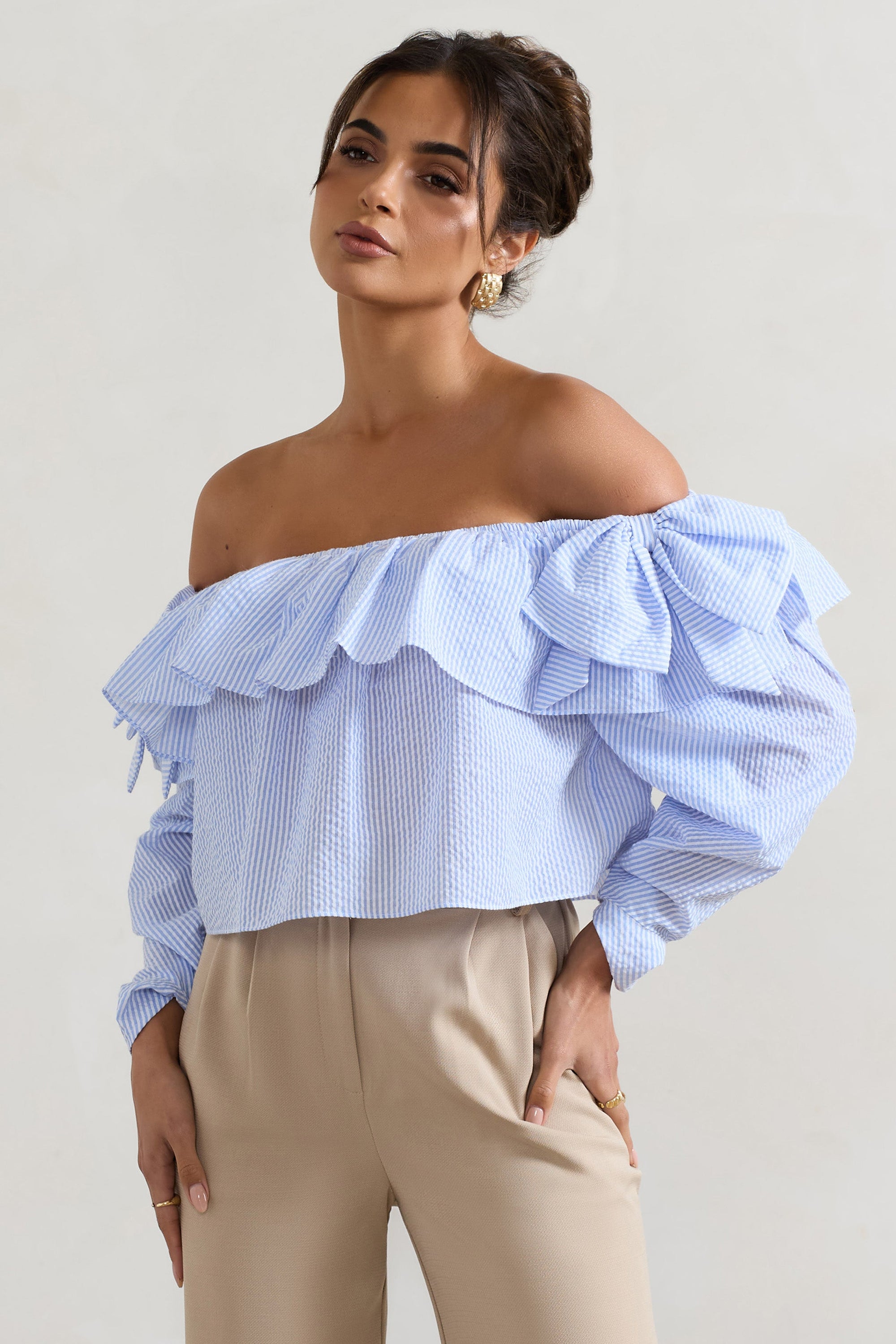 Harbour | Blue Pinstripe Bardot Puff-Sleeve Top With Bows - Club L London - AUS