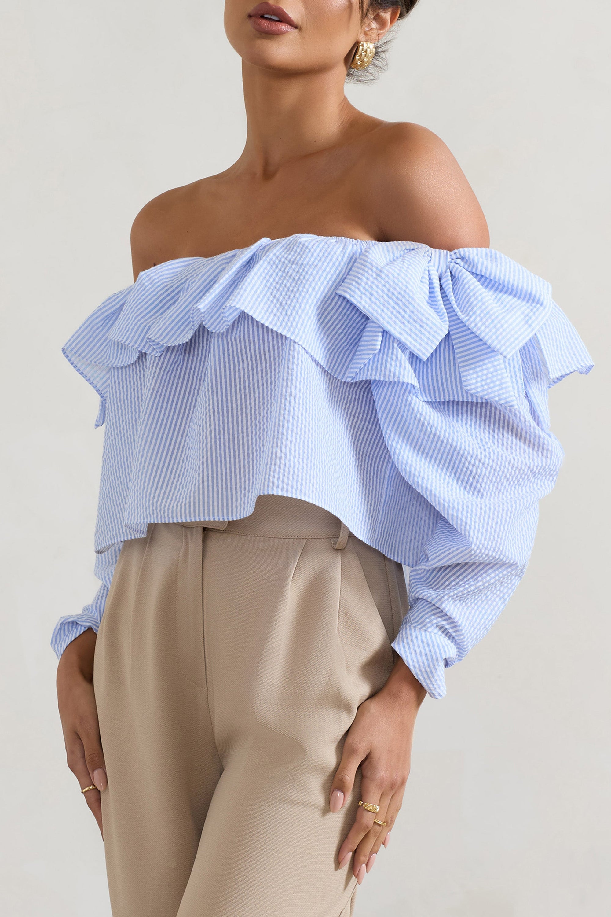 Harbour | Blue Pinstripe Bardot Puff-Sleeve Top With Bows - Club L London - AUS