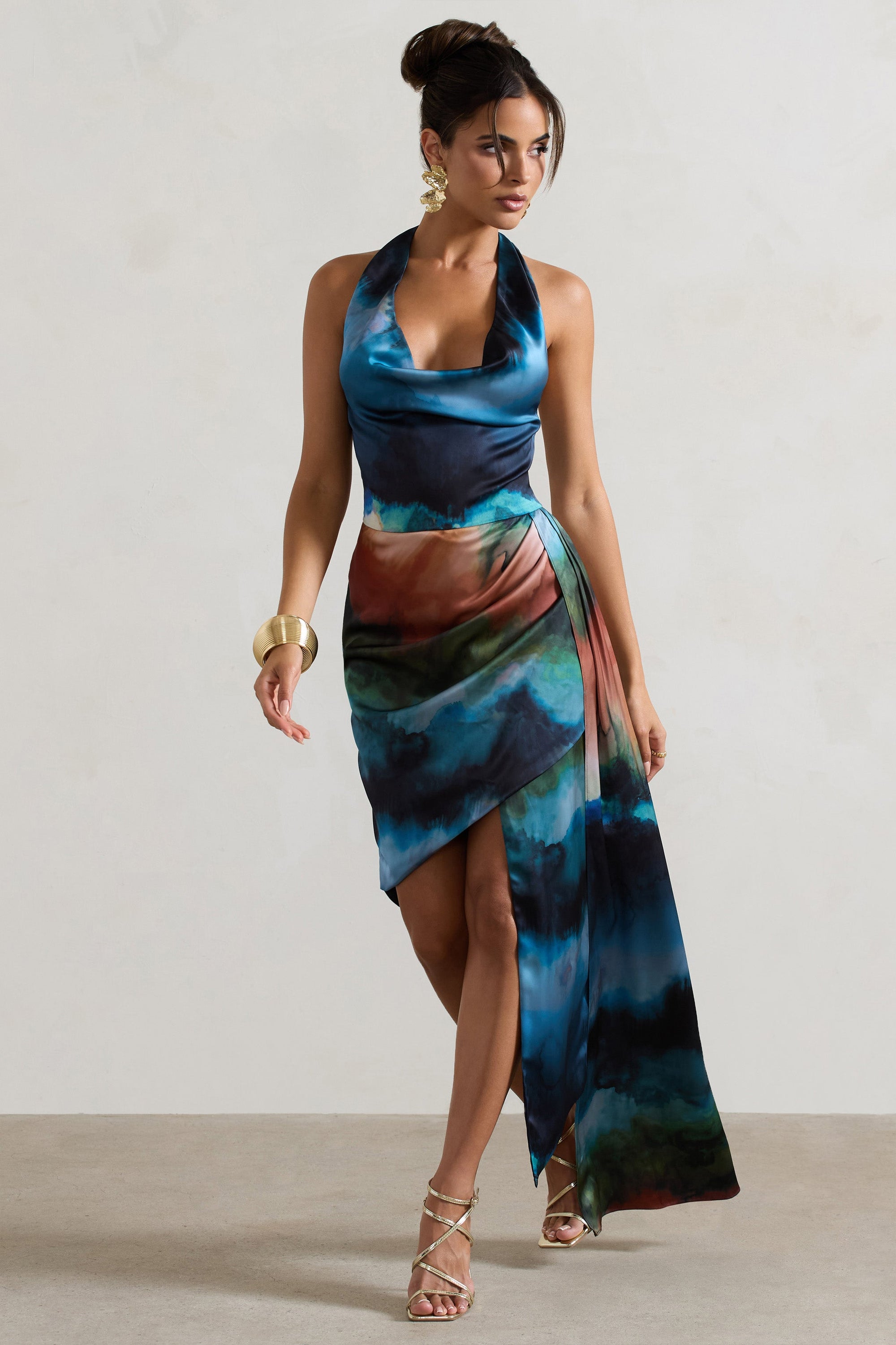 Bali | Blue Blur Print Satin Cowl-Neck Draped Midi Dress - Club L London - AUS