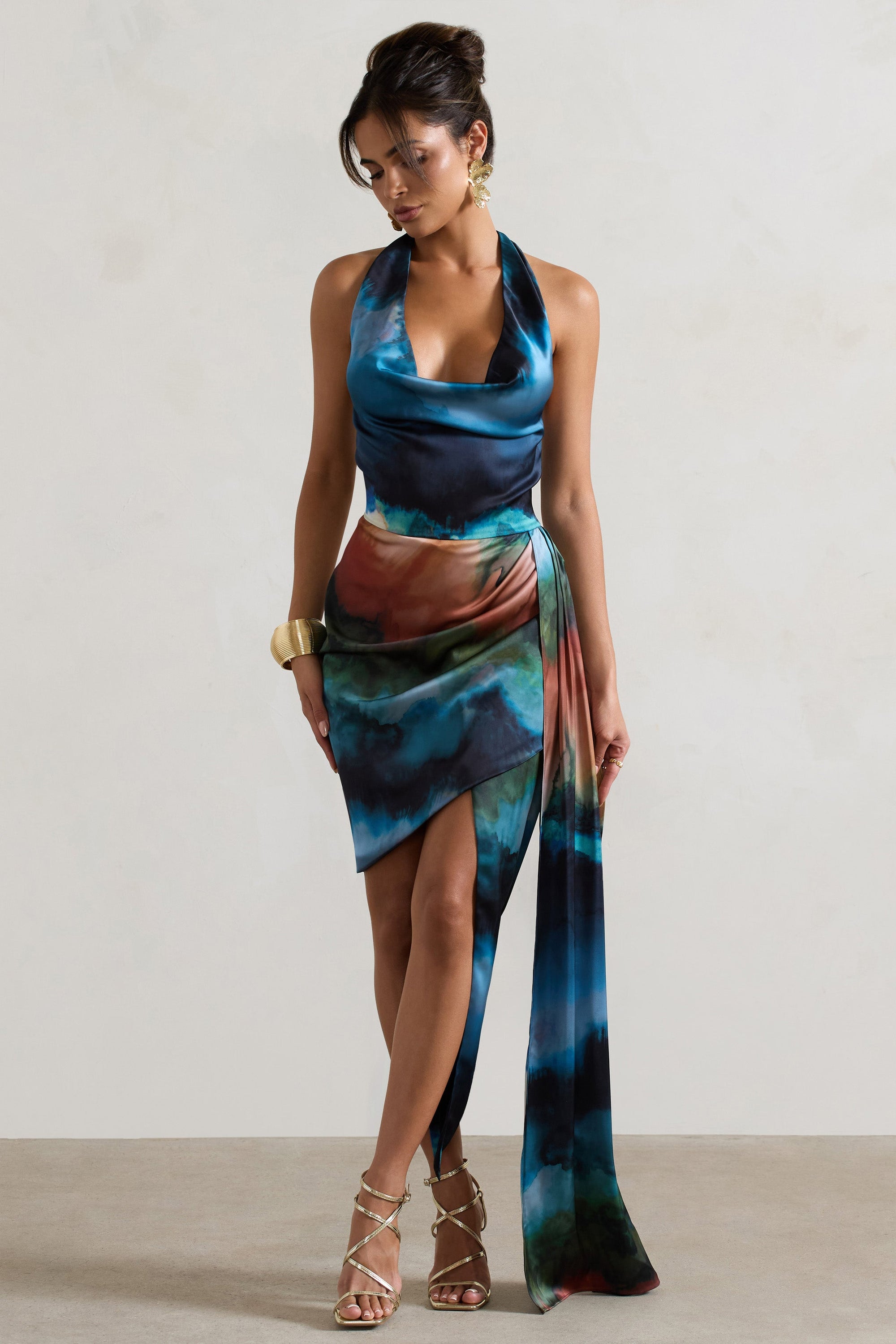 Bali | Blue Blur Print Satin Cowl-Neck Draped Midi Dress - Club L London - AUS