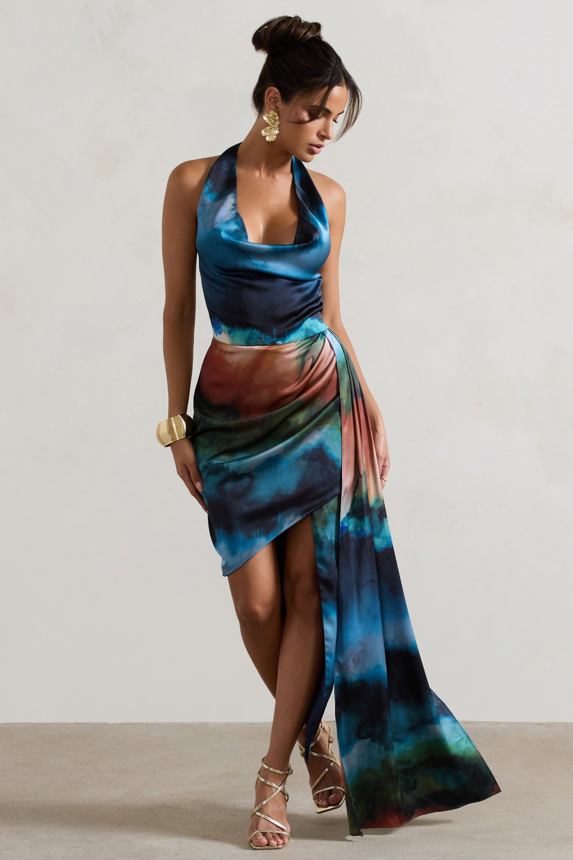 Bali | Blue Blur Print Satin Cowl-Neck Draped Midi Dress - Club L London - AUS