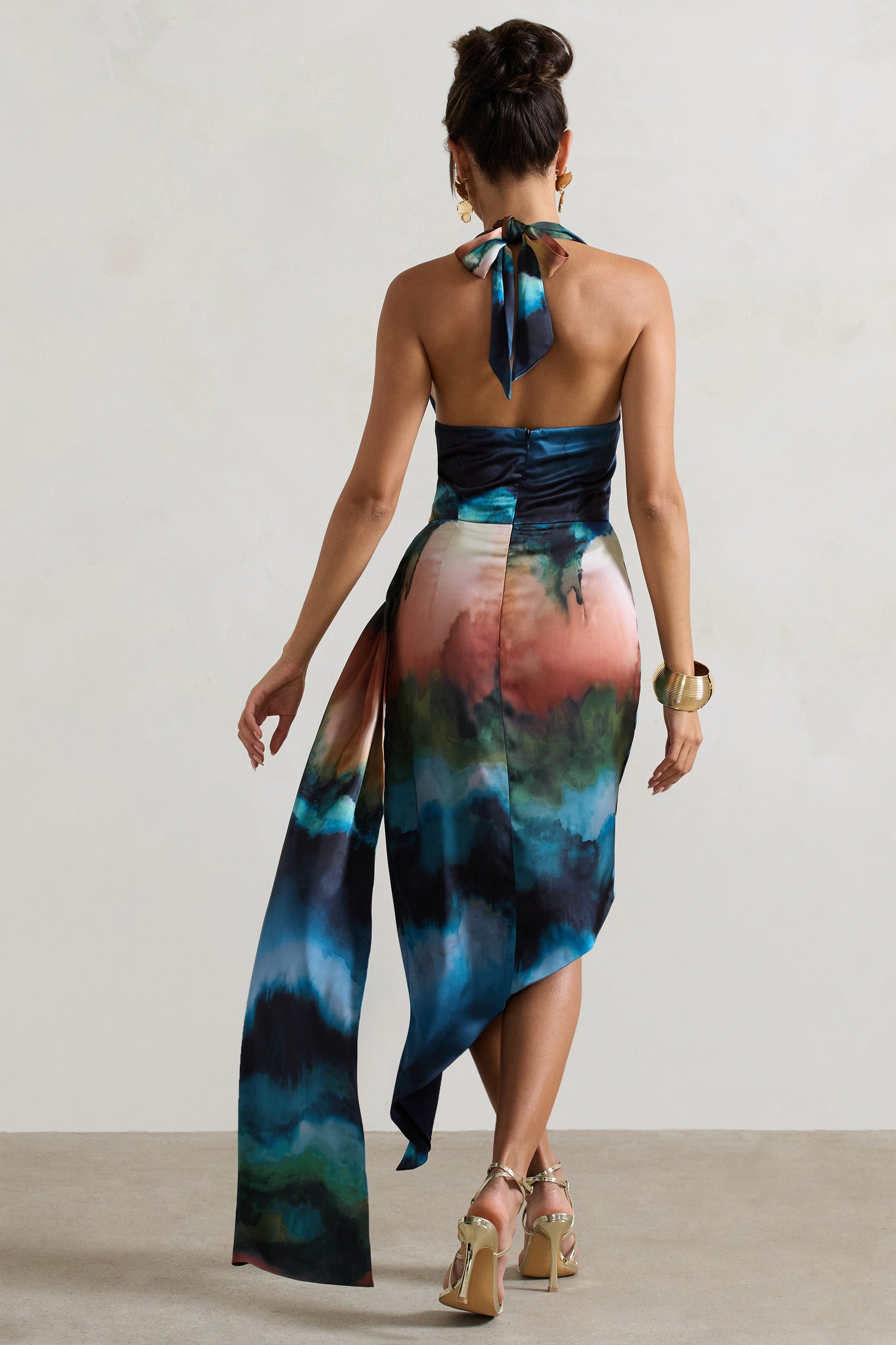 Bali | Blue Blur Print Satin Cowl-Neck Draped Midi Dress - Club L London - AUS