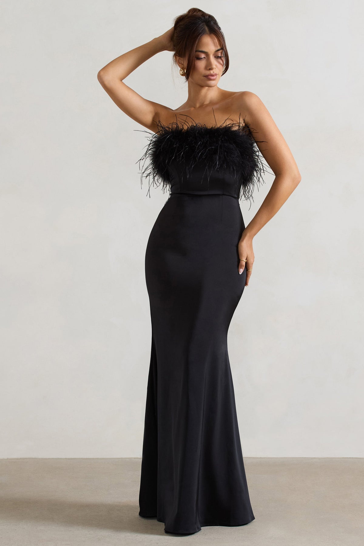 Dress For It Black Satin Feather Trim Bandeau Maxi Dress – Club L