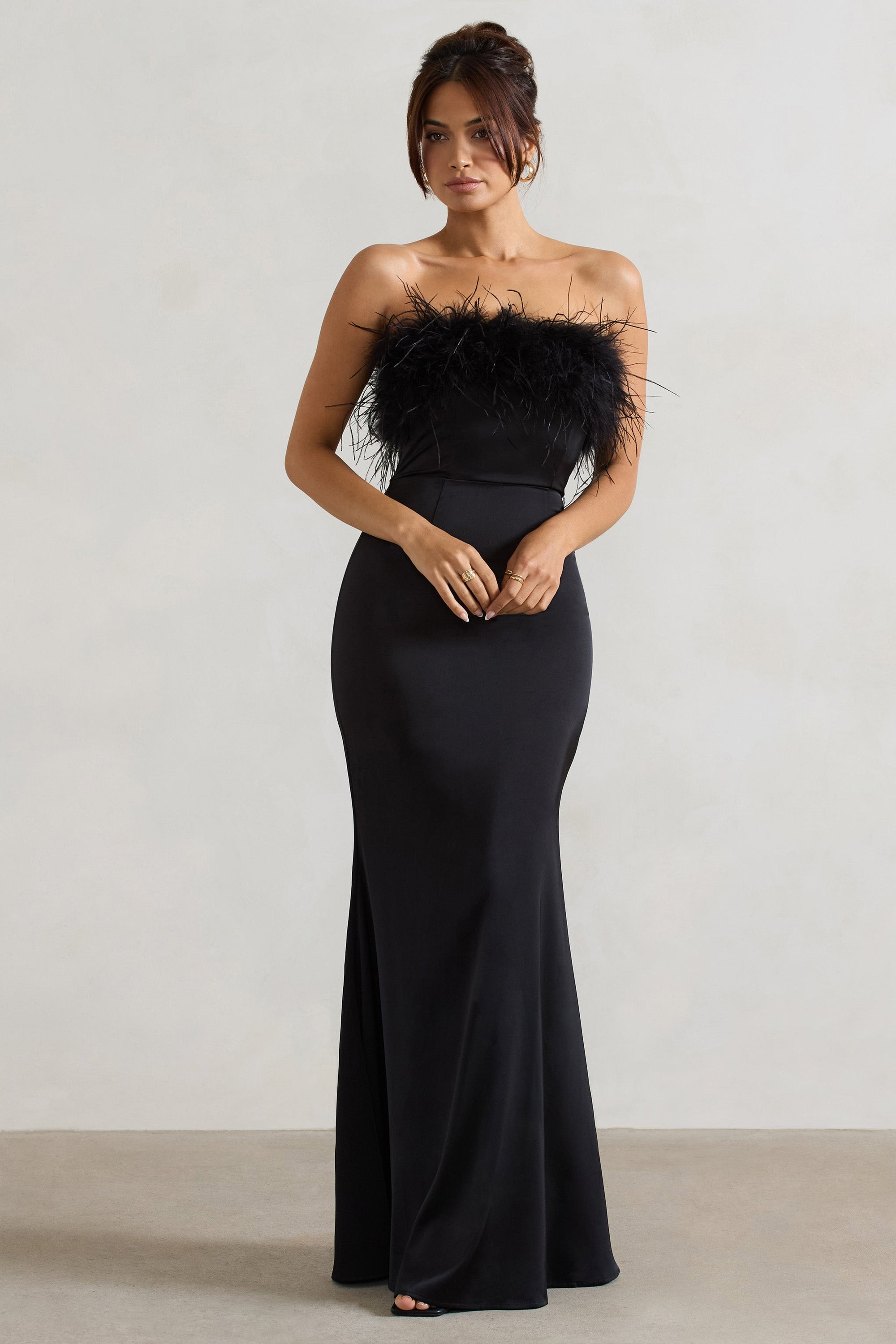 Dress For It | Black Satin Feather Trim Bandeau Maxi Dress - Club L London - AUS