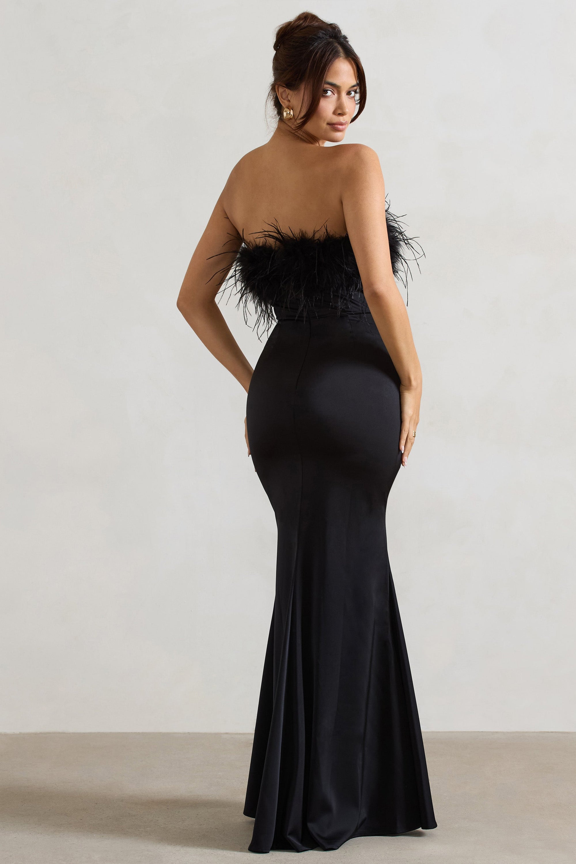 Dress For It | Black Satin Feather Trim Bandeau Maxi Dress - Club L London - AUS